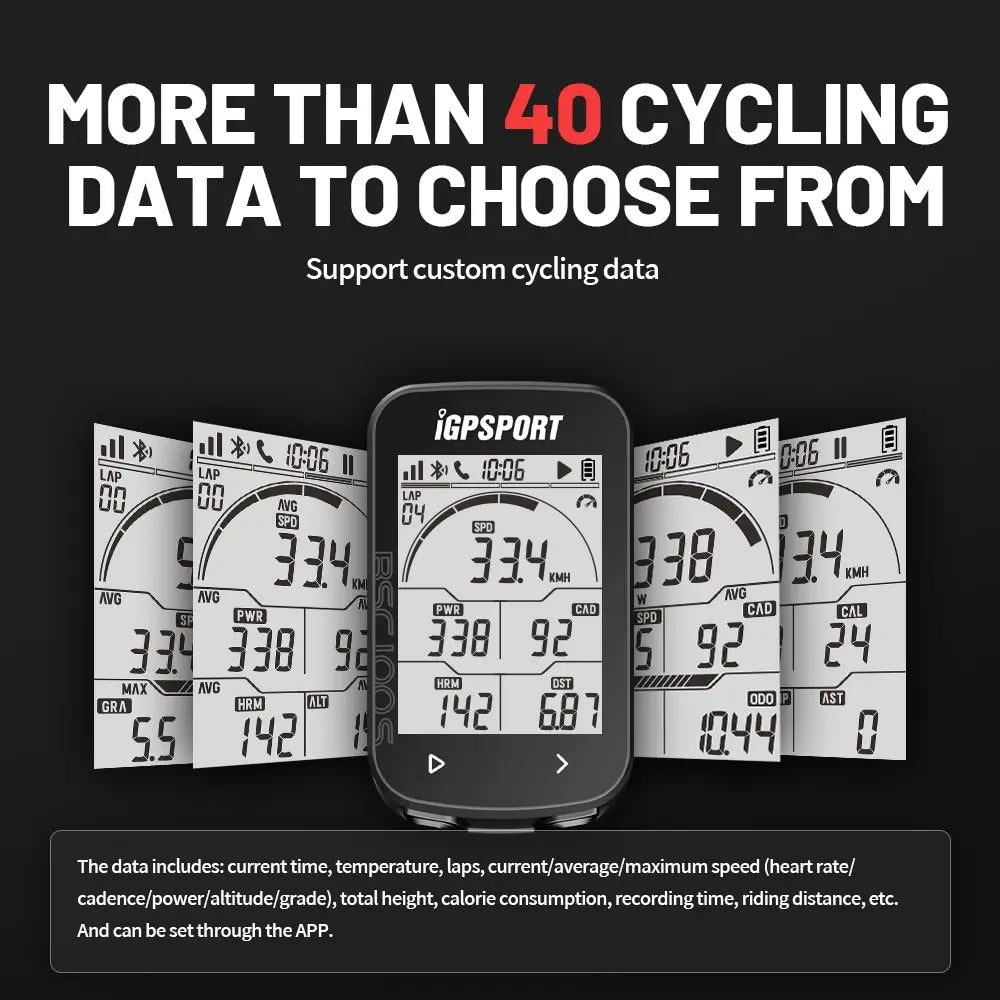 A GPS Bike Computer IGPSPORT BSC100S Cycle Wireless Speedometer displaying cycling metrics such as power, speed, heart rate, and altitude on its screen.