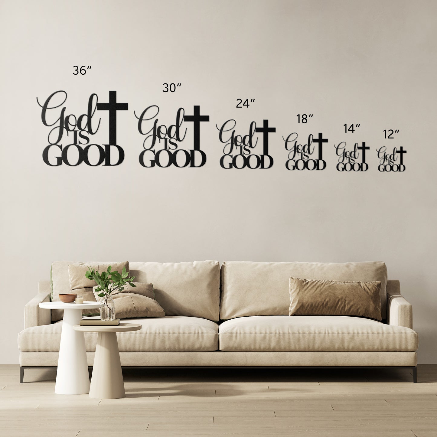 A brown wooden door with decorative glass is set in a brick wall. A potted plant sits beside it, and a stylish powder-coated sign "God Is Good Christian Metal Art" next to a cross enhances the decor. A black outdoor lamp hangs above the sign, completing the charming home decor scene.