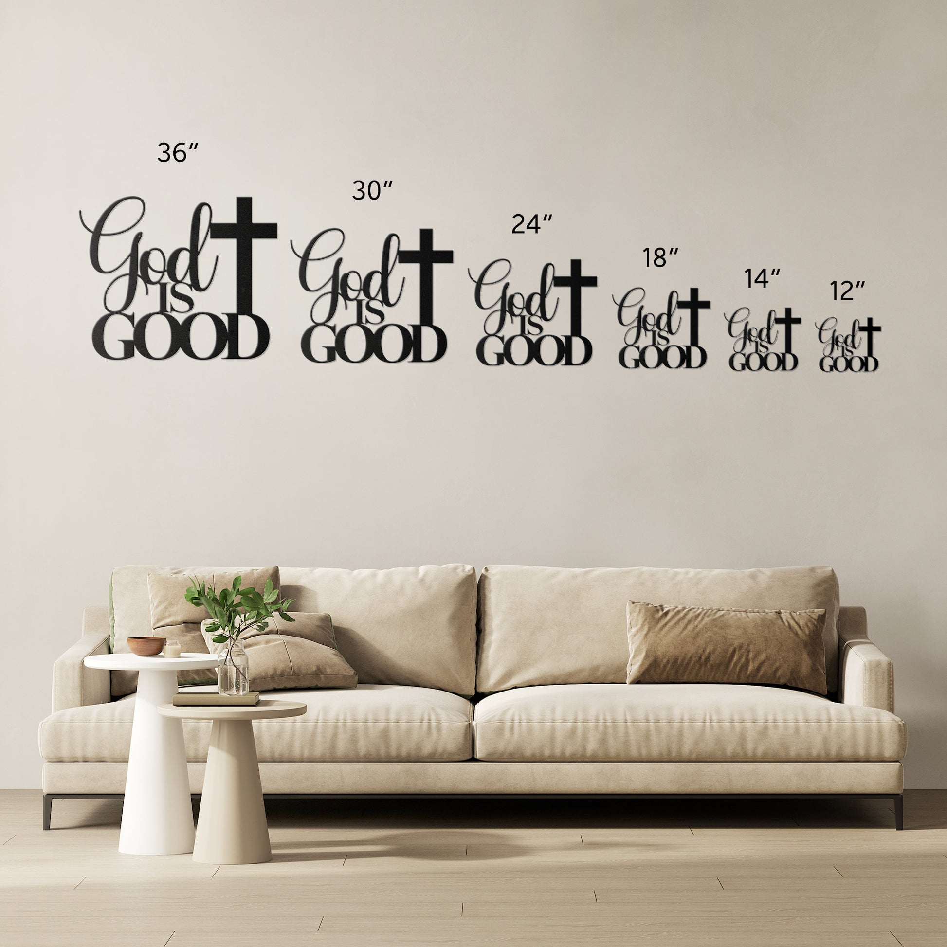 A brown wooden door with decorative glass is set in a brick wall. A potted plant sits beside it, and a stylish powder-coated sign "God Is Good Christian Metal Art" next to a cross enhances the decor. A black outdoor lamp hangs above the sign, completing the charming home decor scene.