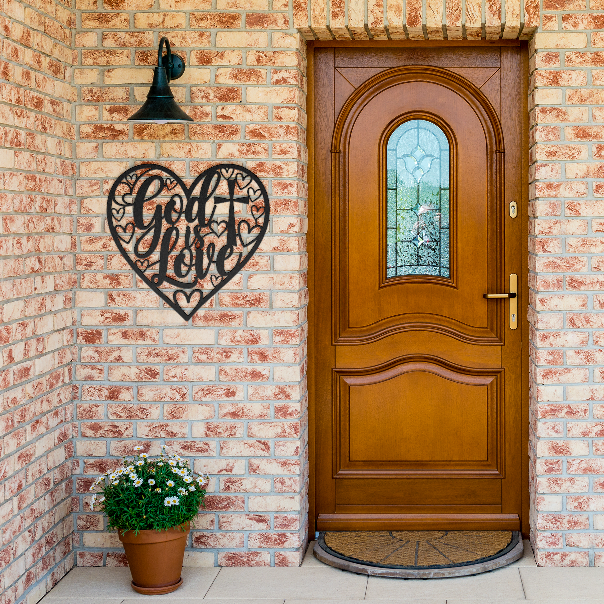 God_Is_Love_Christian_Metal_Sign_Black_Brick_Entrance_Mockup.png