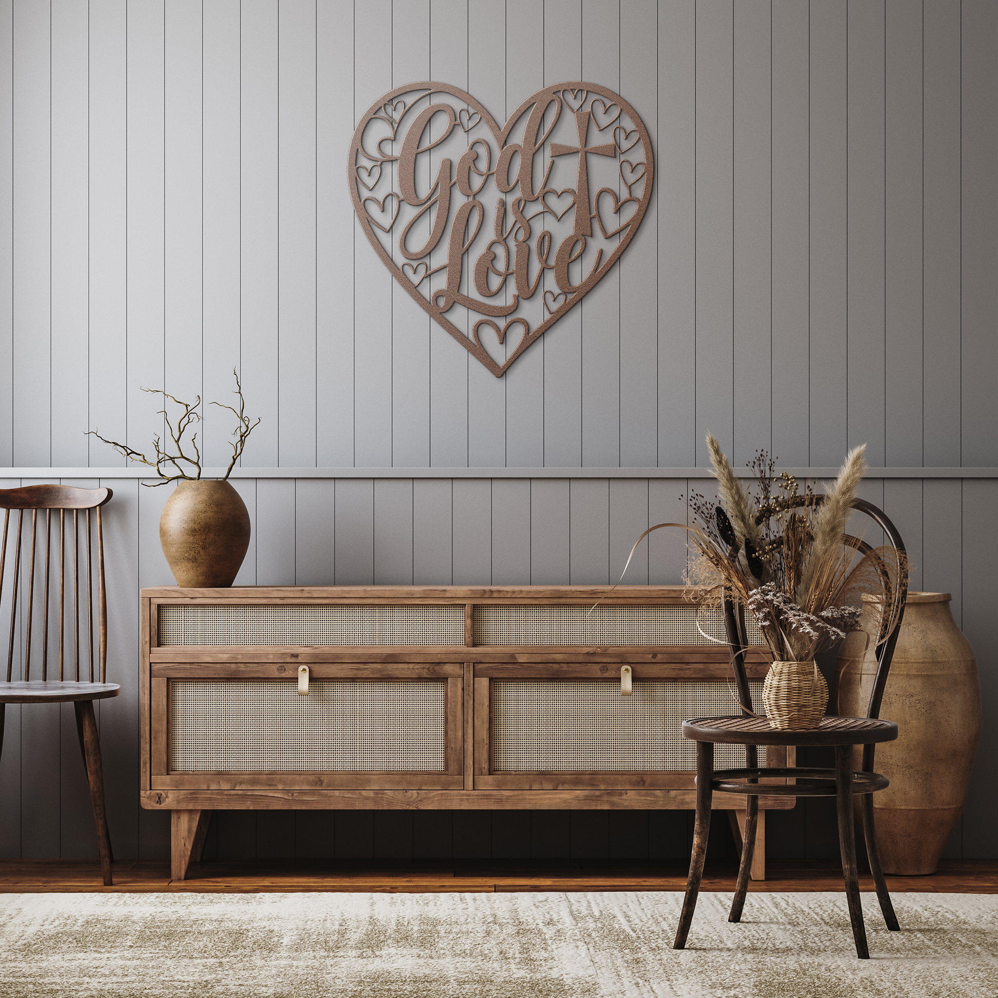 God_Is_Love_Christian_Metal_Sign_Copper_Rustic_Hallway_Mockup.png