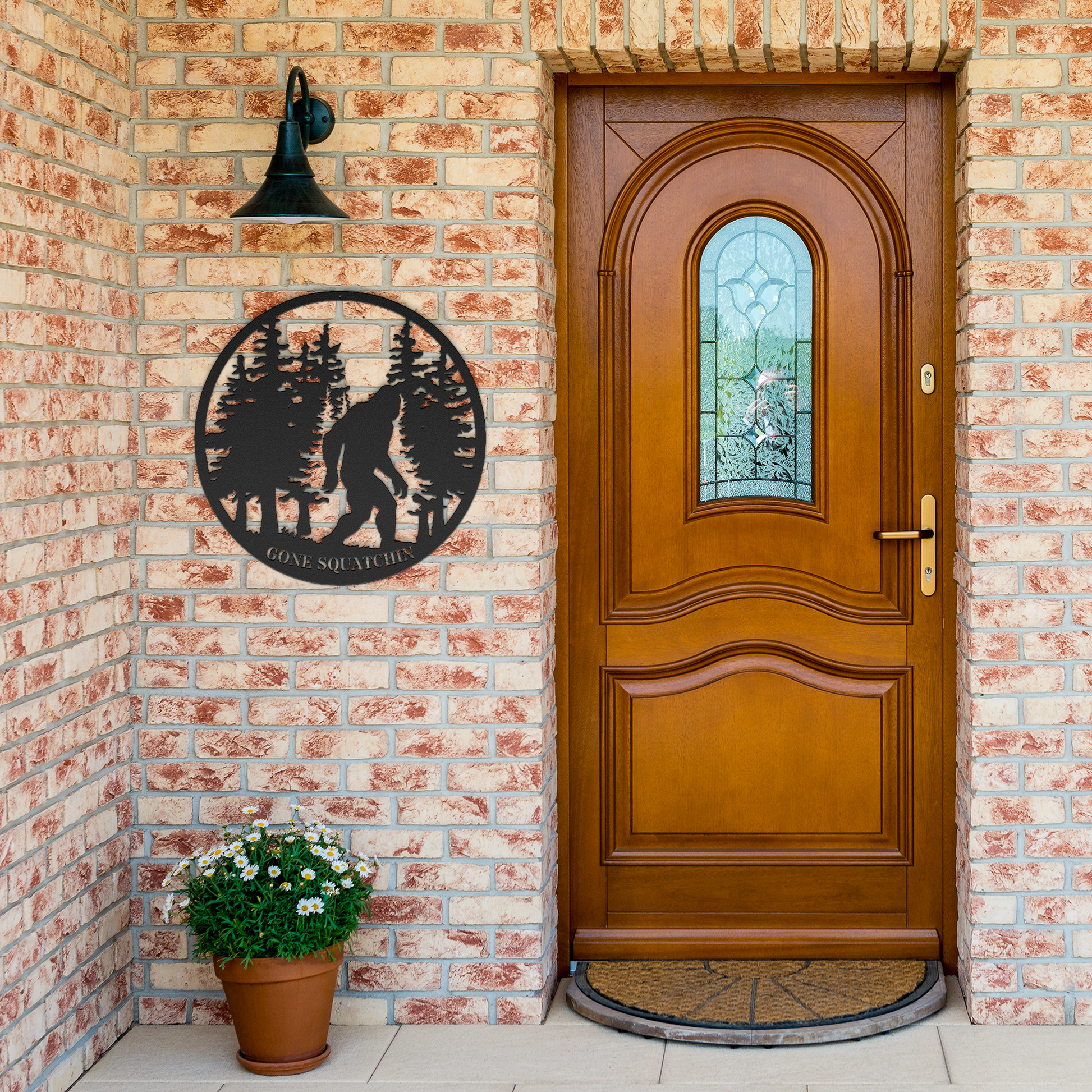 Gone_Squatchin_Bigfoot_Metal_Sign_Black_Brick_Entrance_Mockup.png