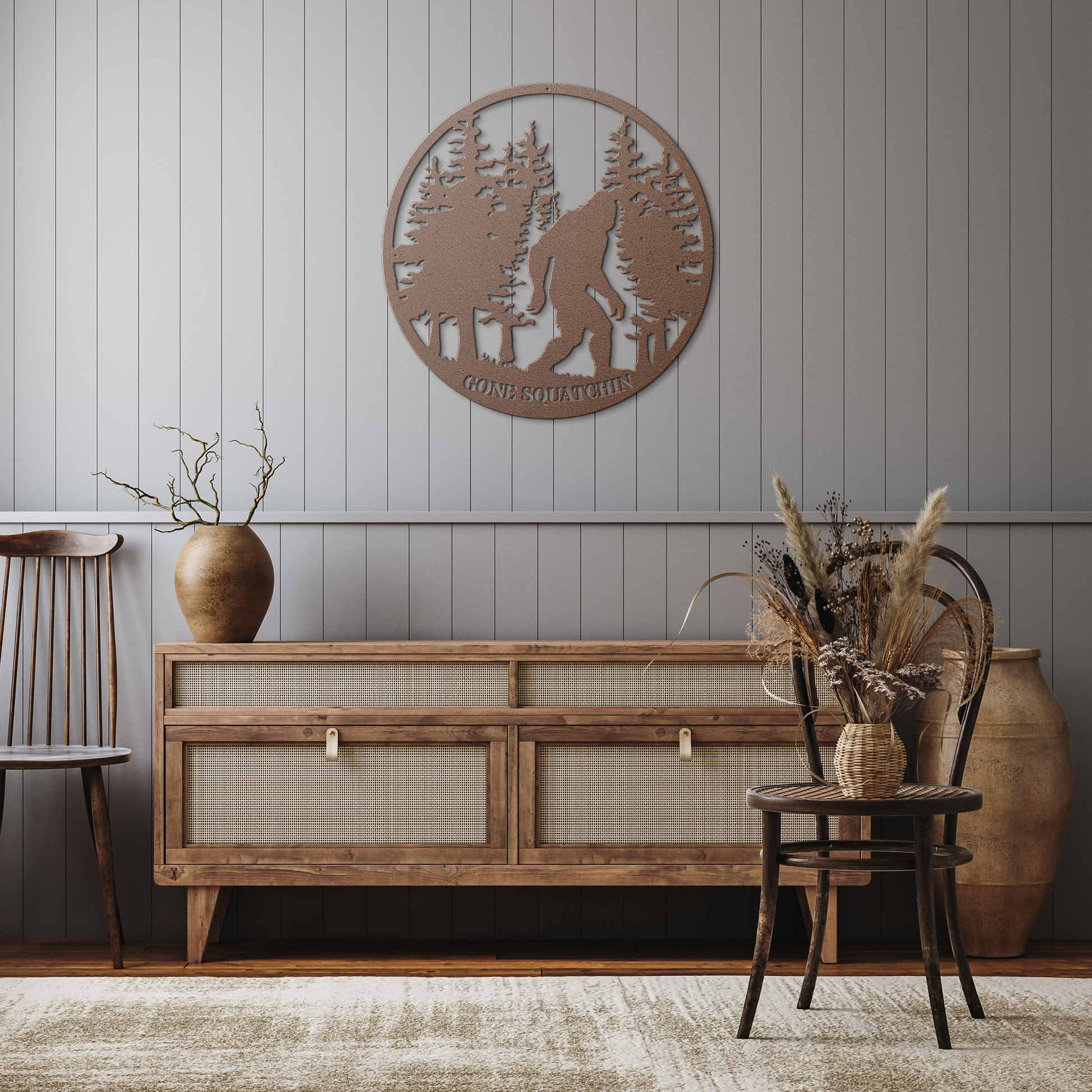 Gone_Squatchin_Bigfoot_Metal_Sign_Copper_Rustic_Hallway_Mockup.png