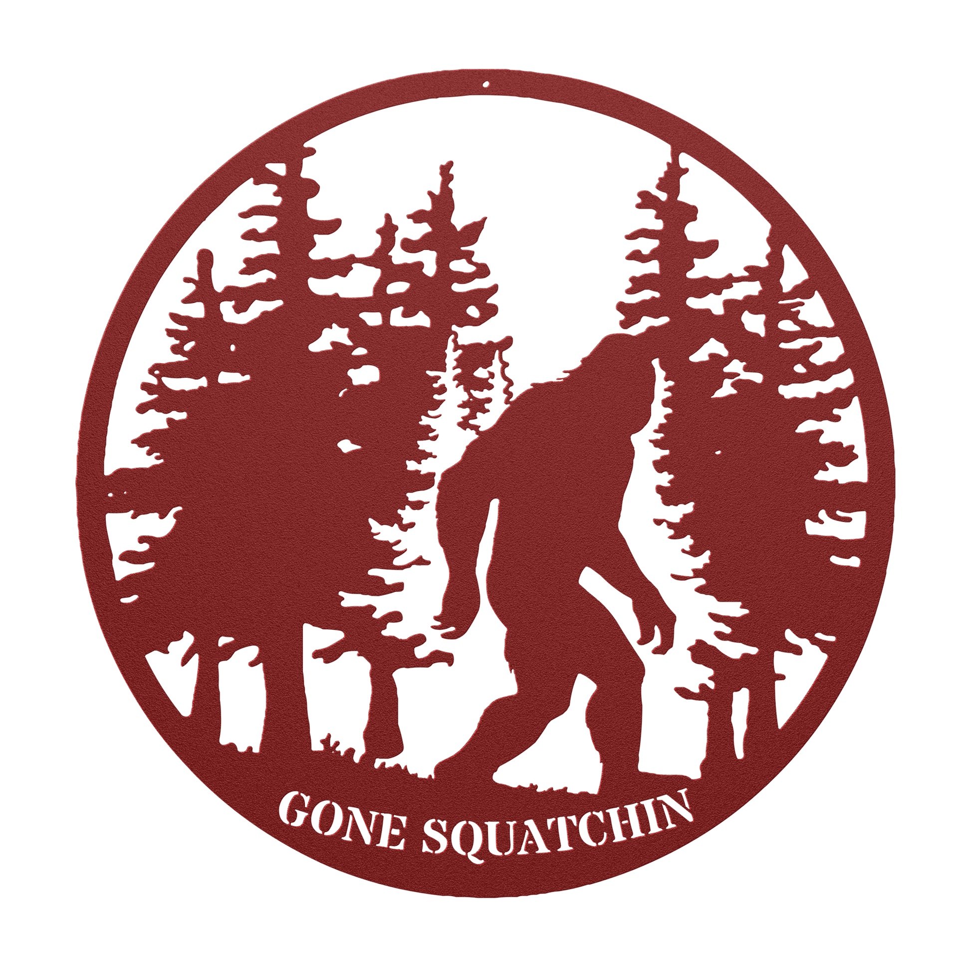 Gone_Squatchin_Bigfoot_Metal_Sign_Red_Transparent_Mockup.png