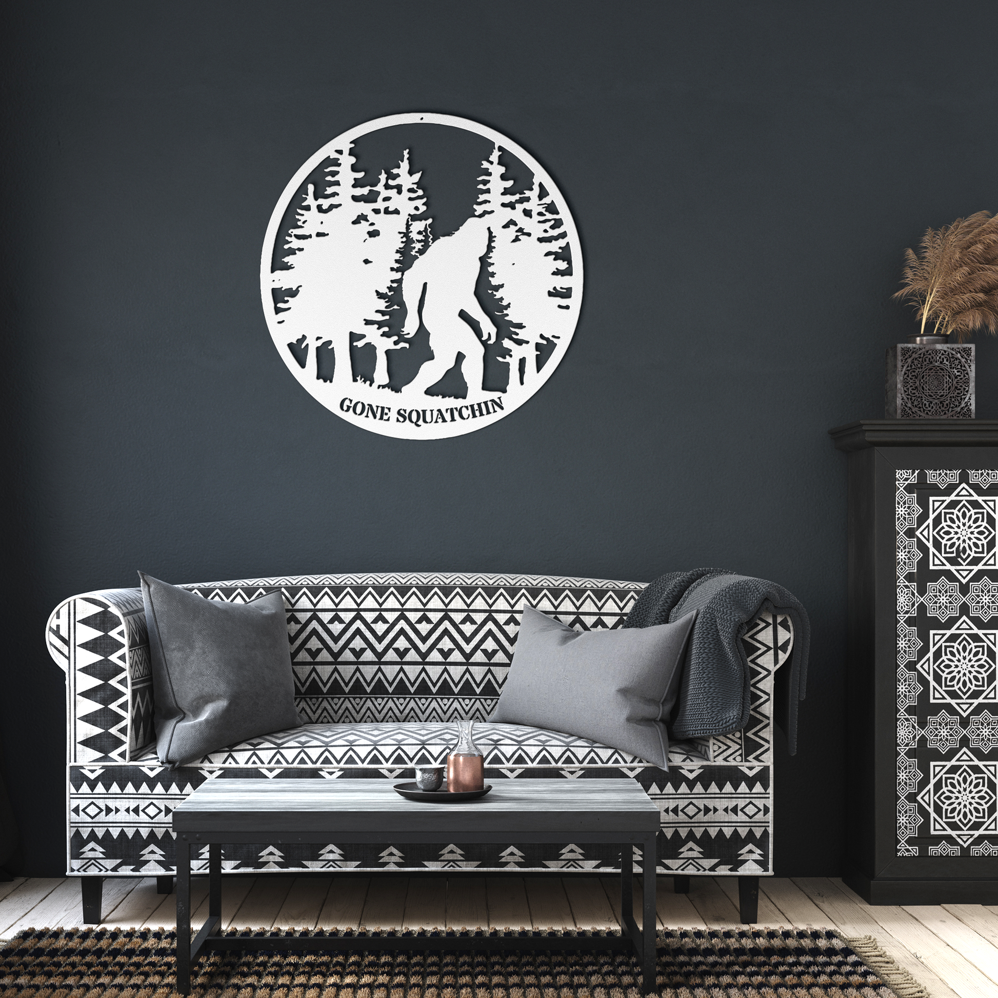 Gone_Squatchin_Bigfoot_Metal_Sign_White_Dark_Living_Room_Mockup.png