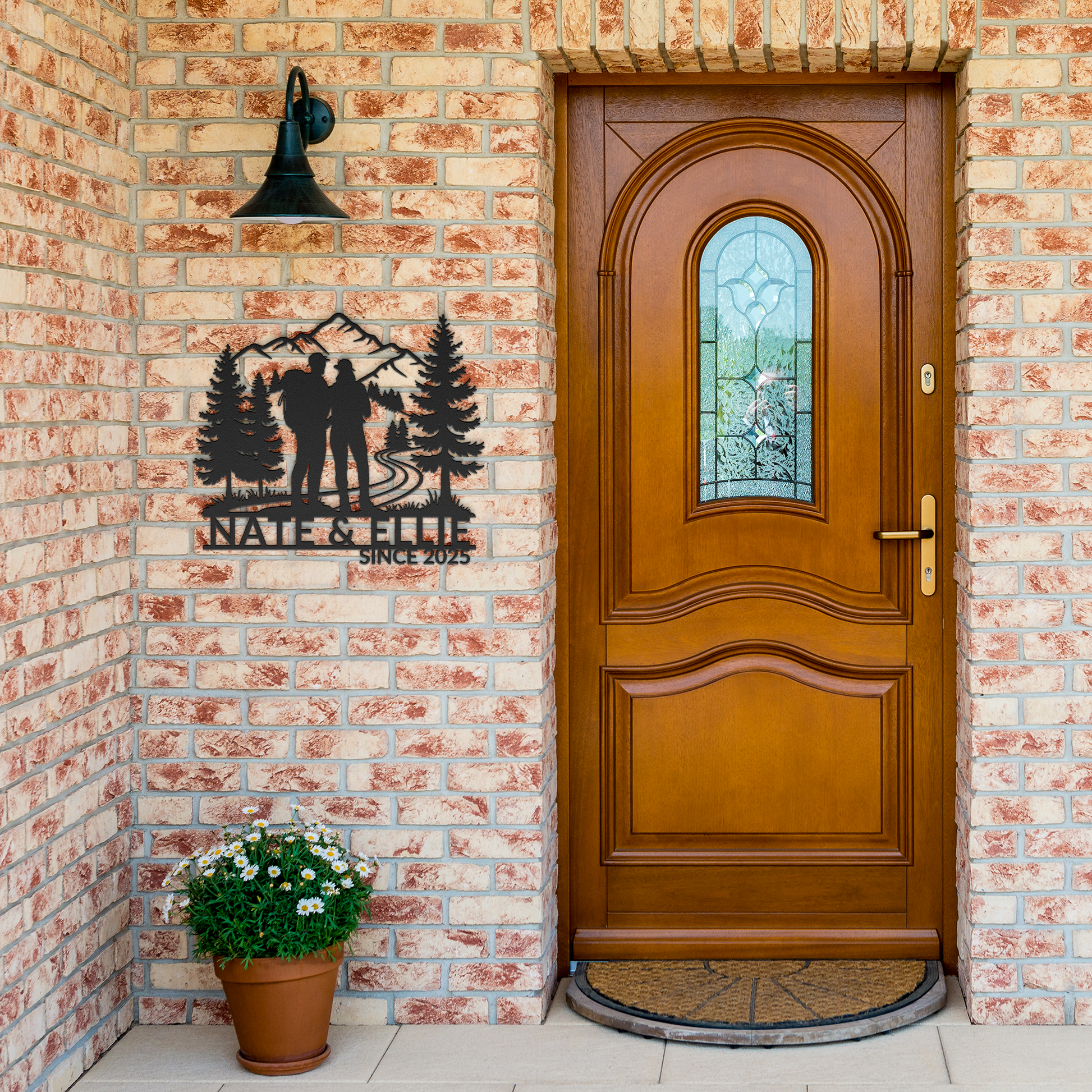 Hiking_Couple_Metal_Wall_Art_Black_Brick_Entrance_Mockup.png