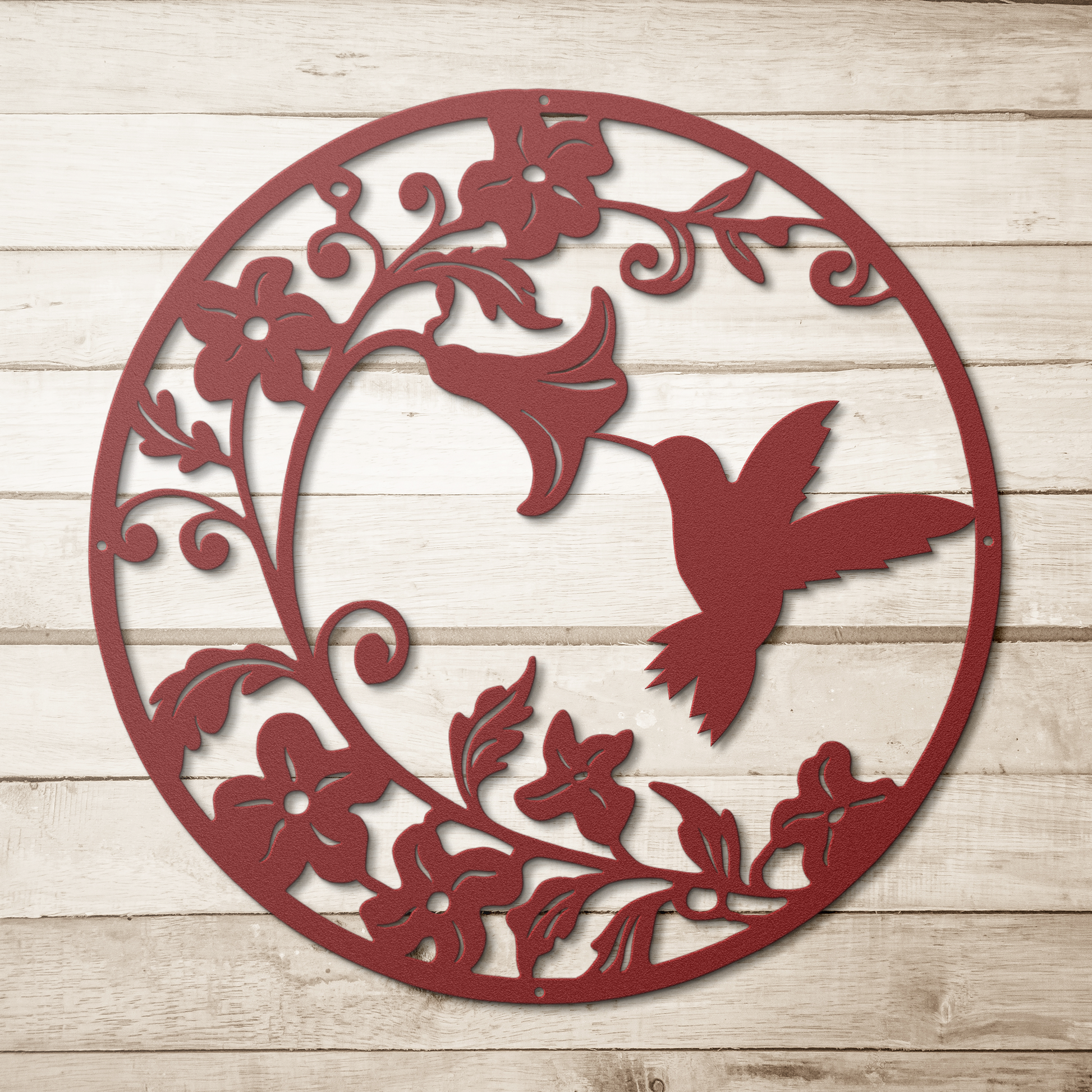 Hummingbird_Morning_Glory_Metal_Wall_Art_Red_Simple_Wood_BKGD_Mockup.png