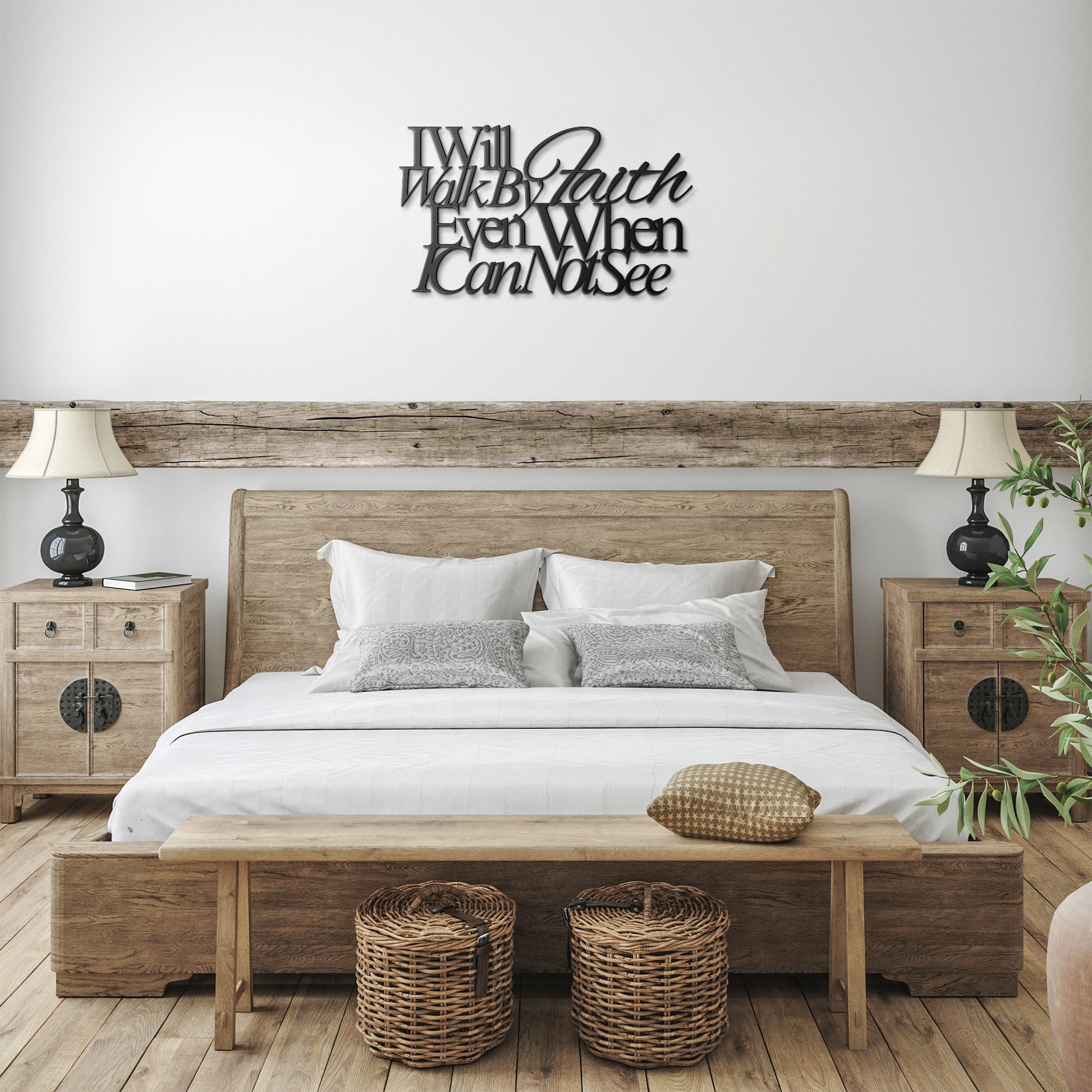 A wooden front door with a decorative glass panel is framed by bricks. A potted plant sits on the left, and an outdoor light hangs above. On the wall, a sign made of 18 gauge steel reads, "I Will Walk By Faith Even When I Cannot See," showcasing the Christian Metal Art piece.