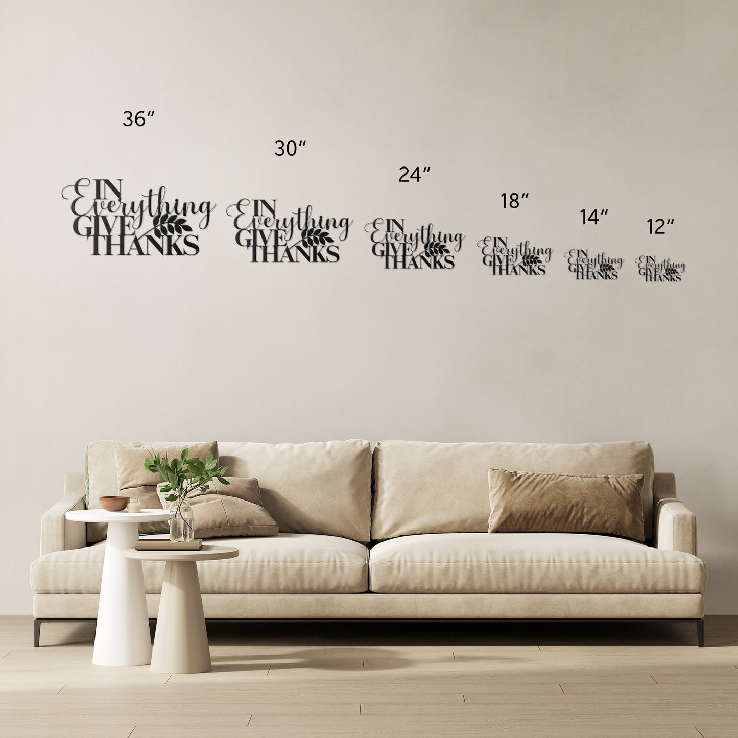 A wooden door with an arched glass panel set in a brick wall features a potted plant sitting next to it. A powder-coated metal sign displaying the message "In Everything Give Thanks Christian Metal Art" hangs beside the door.