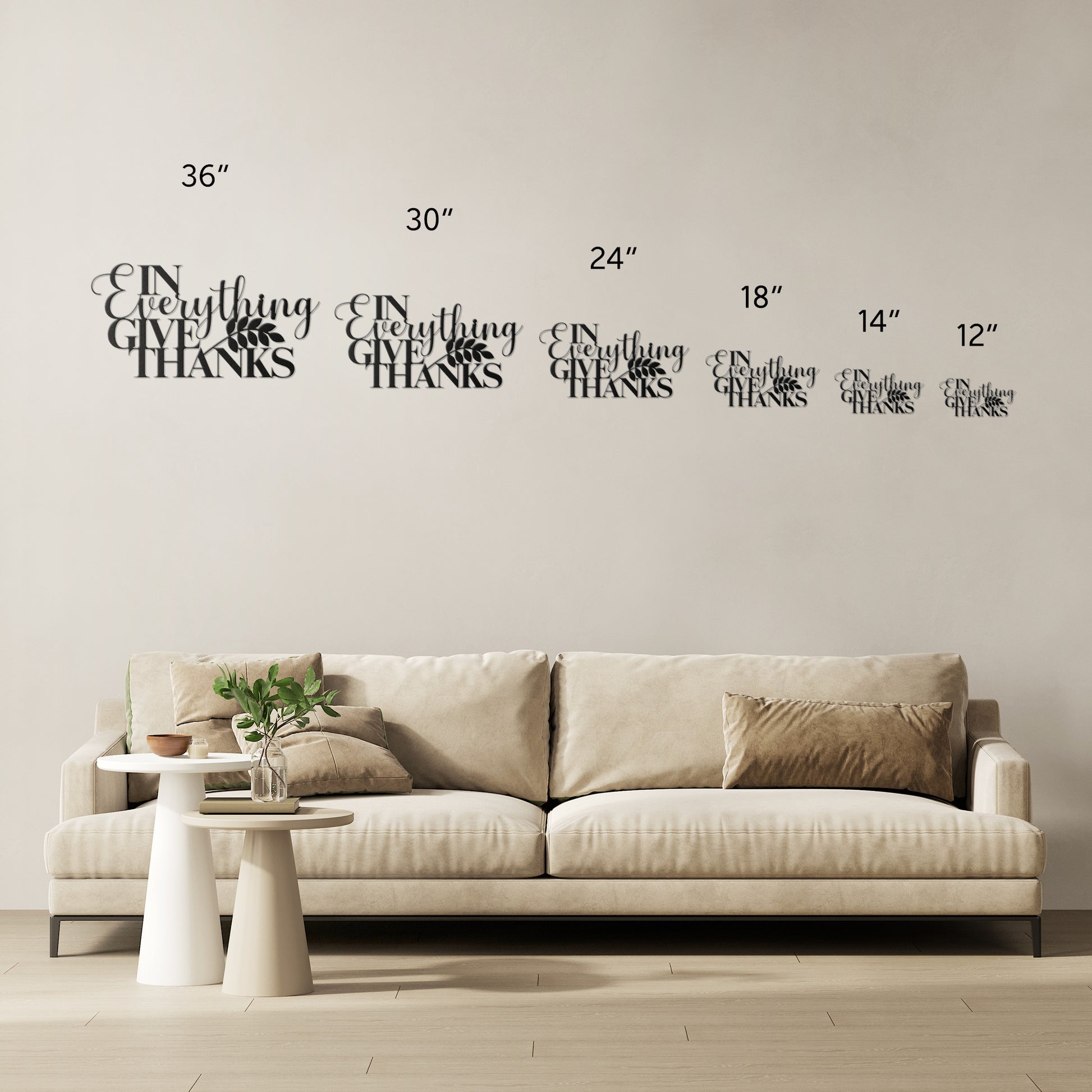 A wooden door with an arched glass panel set in a brick wall features a potted plant sitting next to it. A powder-coated metal sign displaying the message "In Everything Give Thanks Christian Metal Art" hangs beside the door.