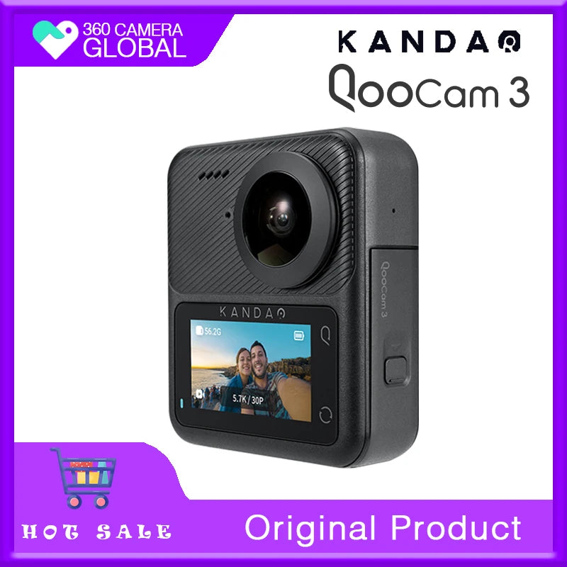 Advertisement for the KanDao QooCam3 panoramic action camera 5.7K HD anti-shake waterproof action camera Vlog skiing diving outdoor motorcycle riding, featuring a large lens and a display screen showing a selfie. Includes "hot sale" and "original product" labels.