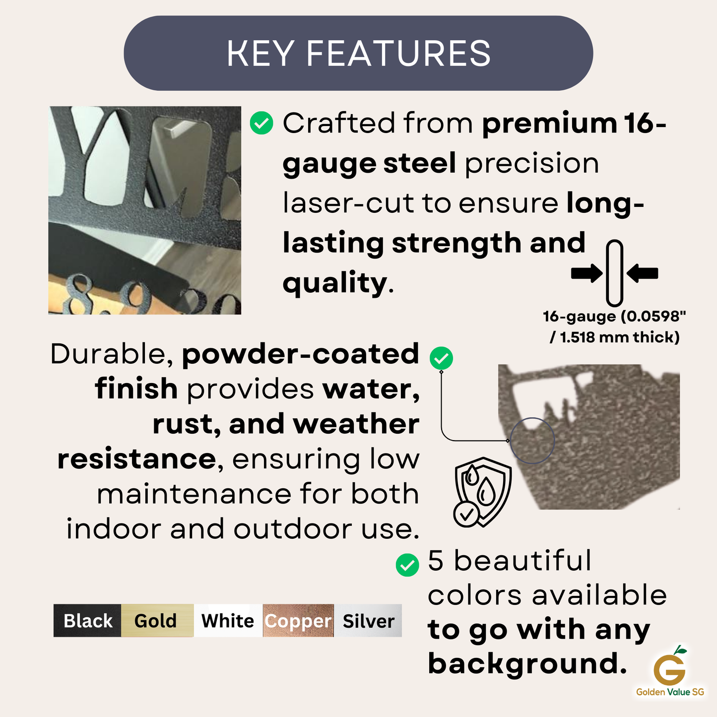 Infographic showcasing Personalized Cyclist Couple Metal Wall Art: laser-cut from premium 16-gauge steel, powder-coated for lasting durability and weather resistance, available in various colors for indoor or outdoor display.