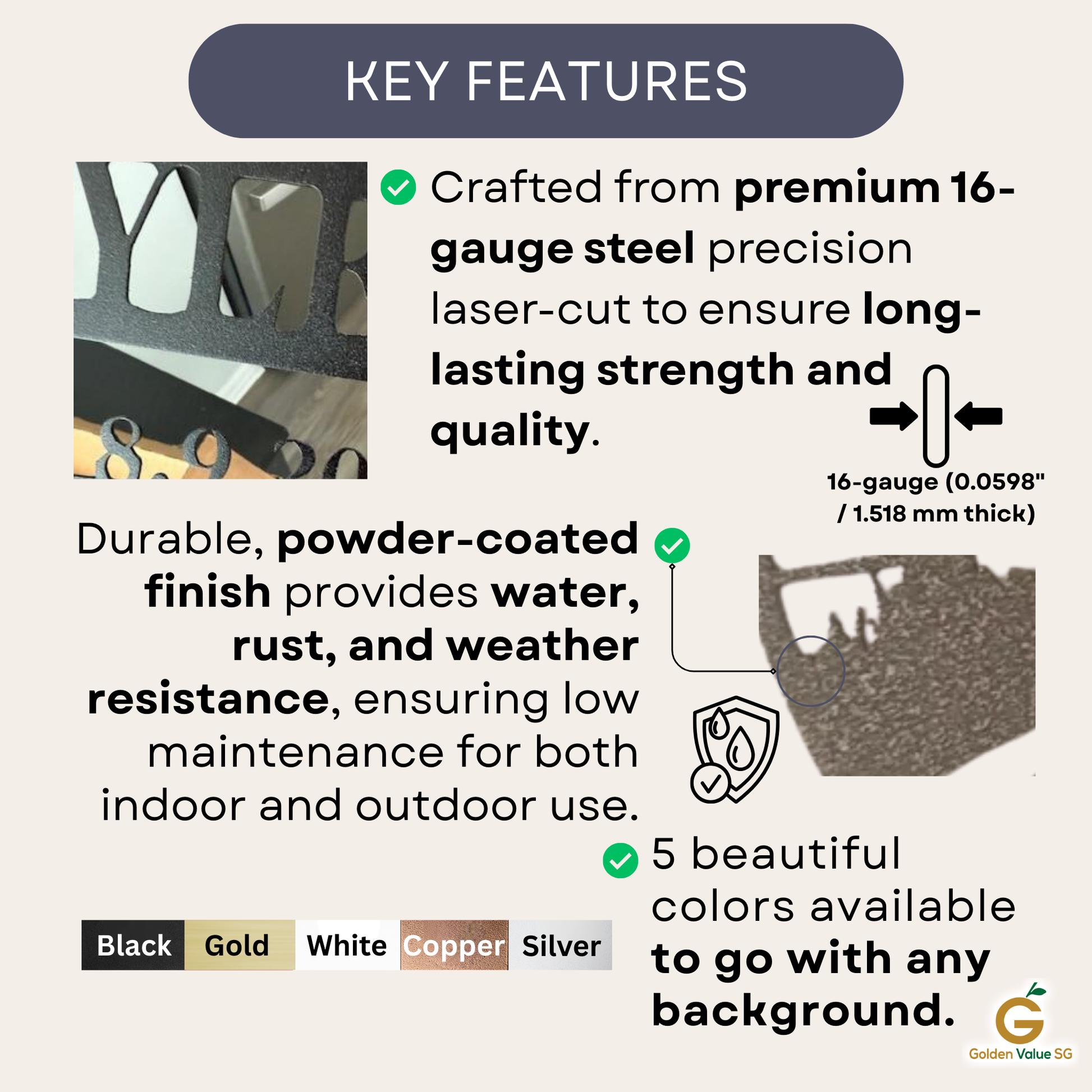 Infographic showcasing Personalized Cyclist Couple Metal Wall Art: laser-cut from premium 16-gauge steel, powder-coated for lasting durability and weather resistance, available in various colors for indoor or outdoor display.