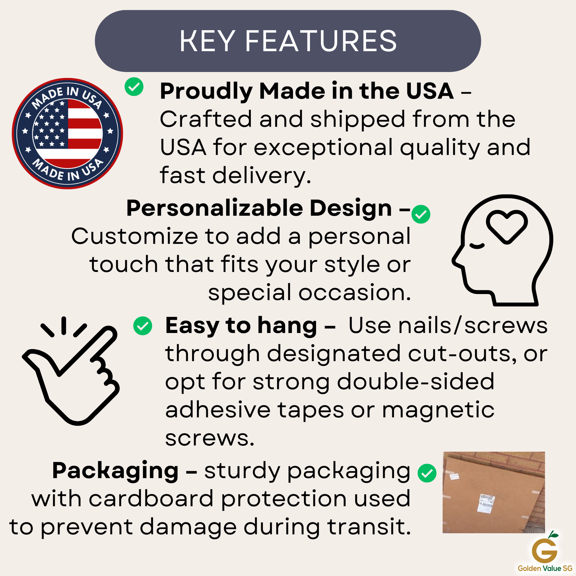 Infographic for Personalized Cyclist Couple Metal Wall Art by MEM Design Studio: made in the USA, custom names/text, easy hanging, secure packaging. Features icons—a badge, hearted head, hand with checkmark, and packaged box image.