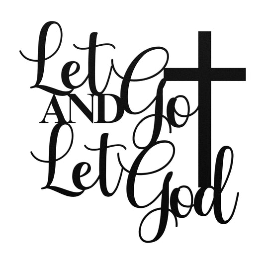 The Let Go and Let God Christian Metal Sign is a beautifully crafted metal piece featuring text art with a cross, reading "Let Go and Let God" in decorative script. Powder coated for durability, it adds spiritual elegance to any space as meaningful home decor.