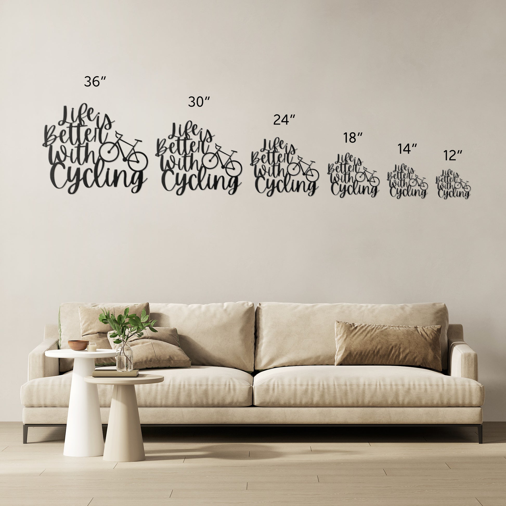 A brick wall with a wooden door, a potted plant, a black outdoor light, and the "Life is Better with Cycling Metal Sign - Road Bike Edition," reading "Life's Better with Cycling" alongside a bicycle graphic, perfect for stylish home decor.