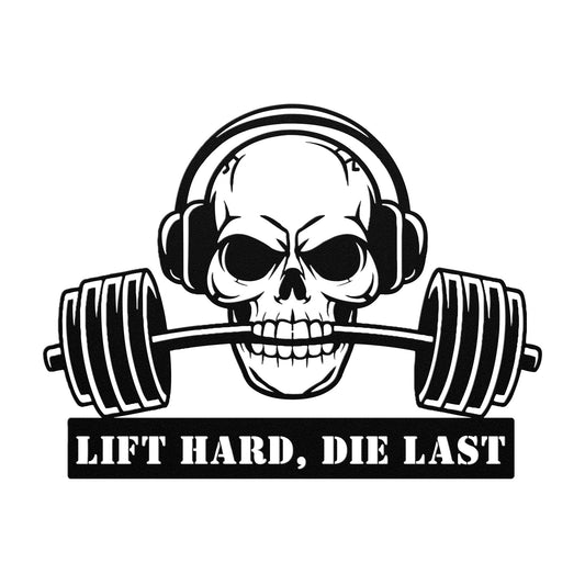 The "Lift Hard Die Last Weightlifting Metal Wall Art" features a skull with headphones holding a barbell in its mouth, crafted on a powder-coated metal sign. Perfect for home decor, it includes text that reads "Lift Hard, Die Last.