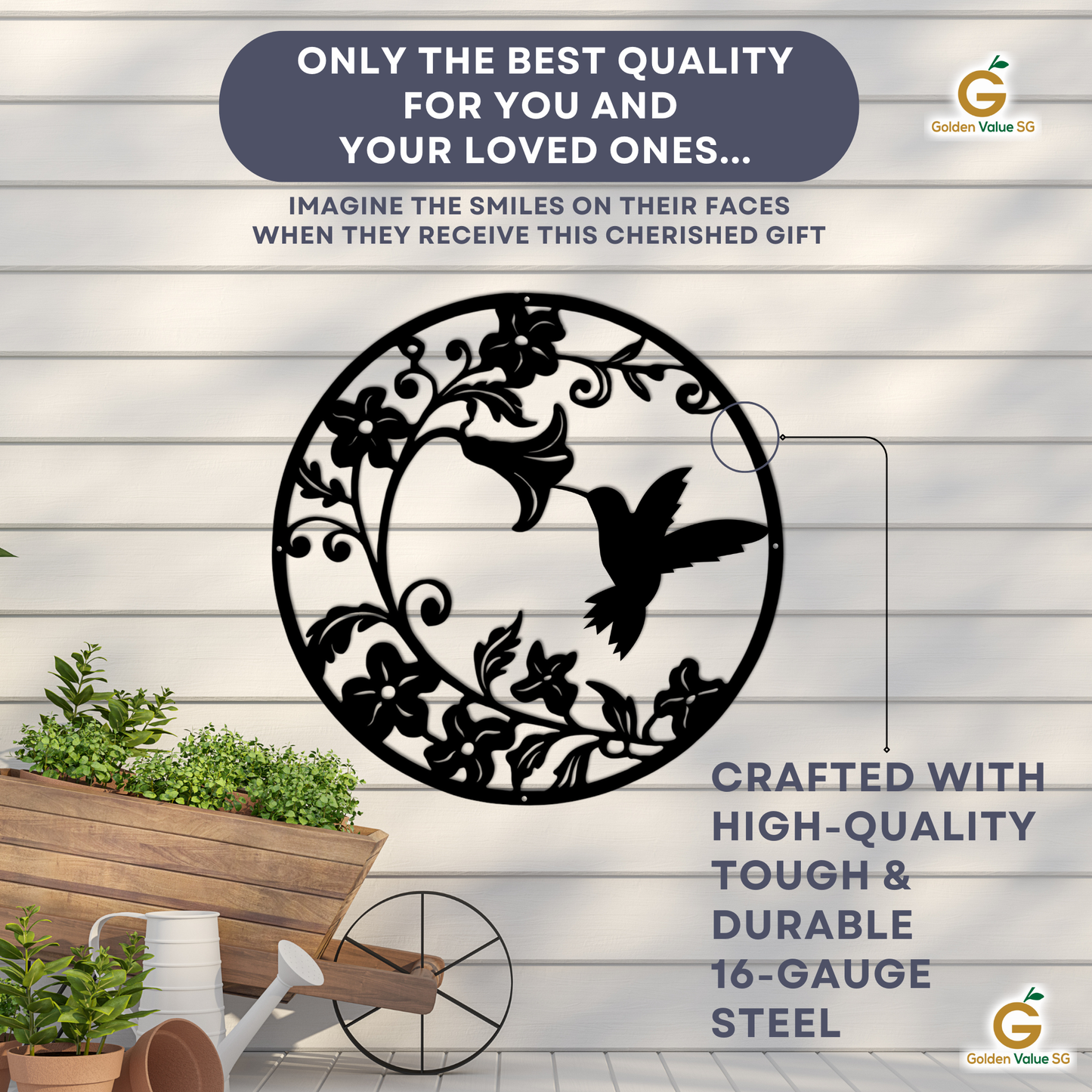 The Hummingbird Morning Glory Metal Wall Art, crafted from high-quality 16-gauge steel, features a hummingbird and flowers. Perfect as a cherished gift for nature lovers or as striking outdoor garden metal decor.