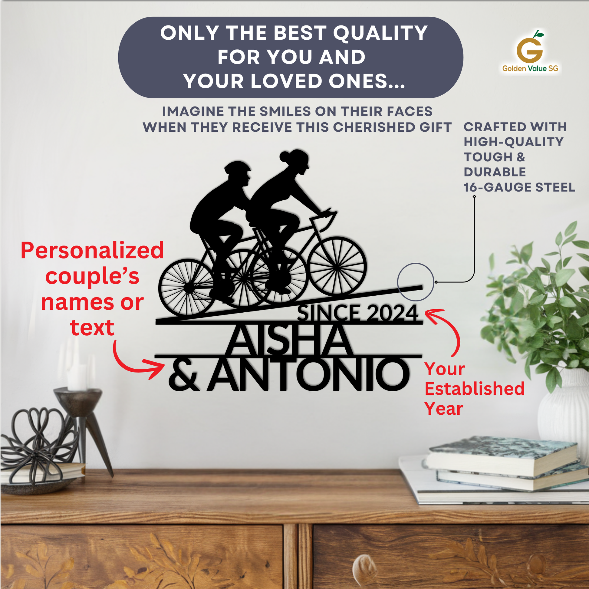 The Custom Cyclist Couple Metal Sign from MEM Design Studio features a couple riding bikes, with personalized names and year below. Made from quality steel, it’s shown above a modern console with a plant and books.