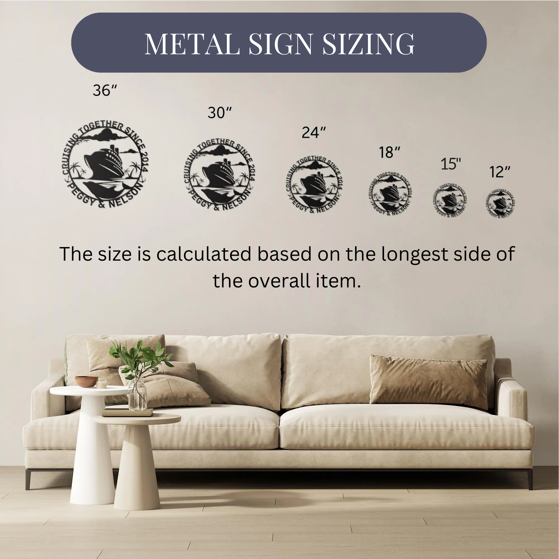 A beige couch with pillows sits beneath six Personalized Mountain and Whale Cruise Couples Metal Wall Art signs, ranging from 12" to 36". Sizing refers to the longest side. A side table with a plant completes this charming display.