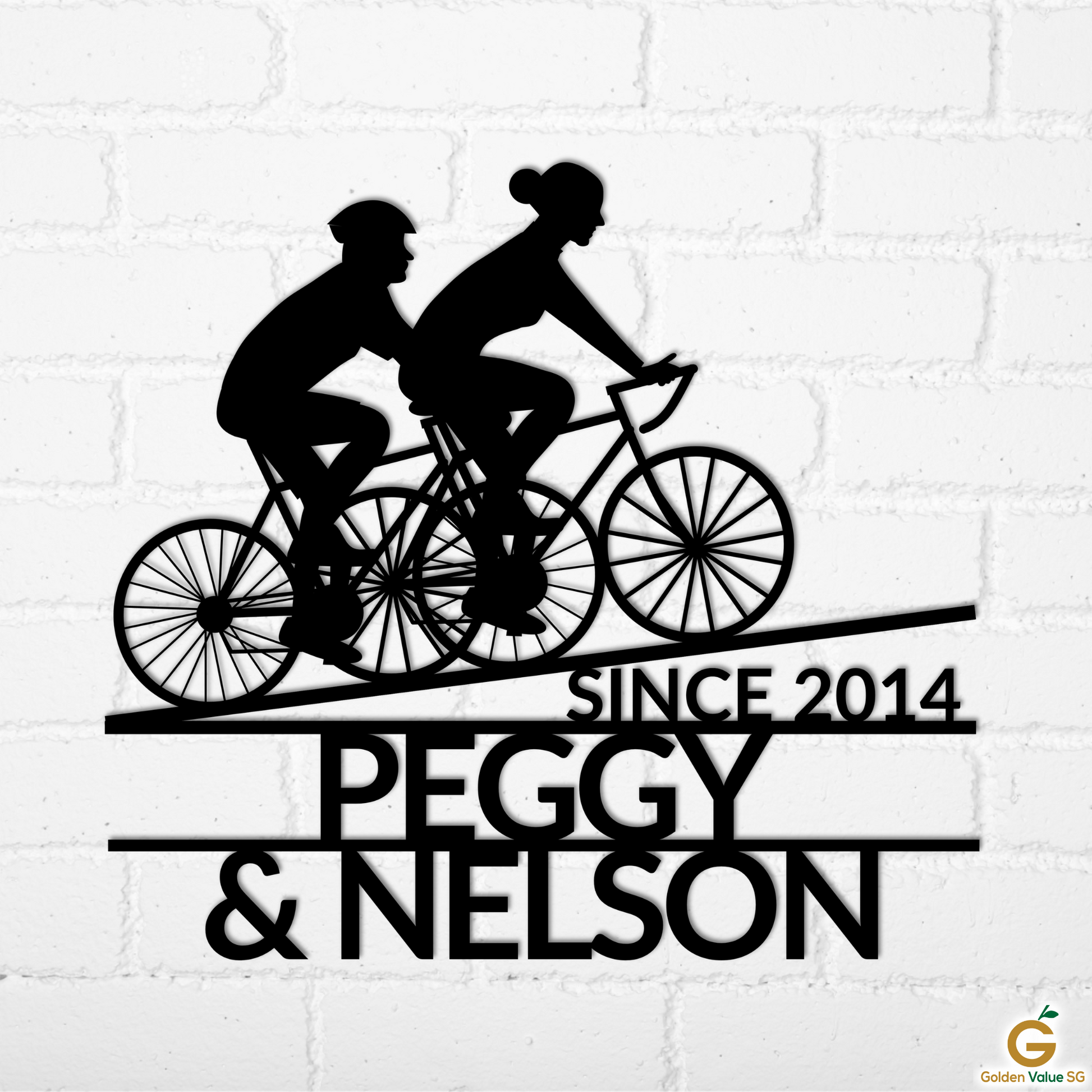 Custom Cyclist Couple Metal Sign features a man and woman riding bikes with "SINCE 2014 PEGGY & NELSON" below, set against a white brick wall—ideal customizable metal art from MEM Design Studio.