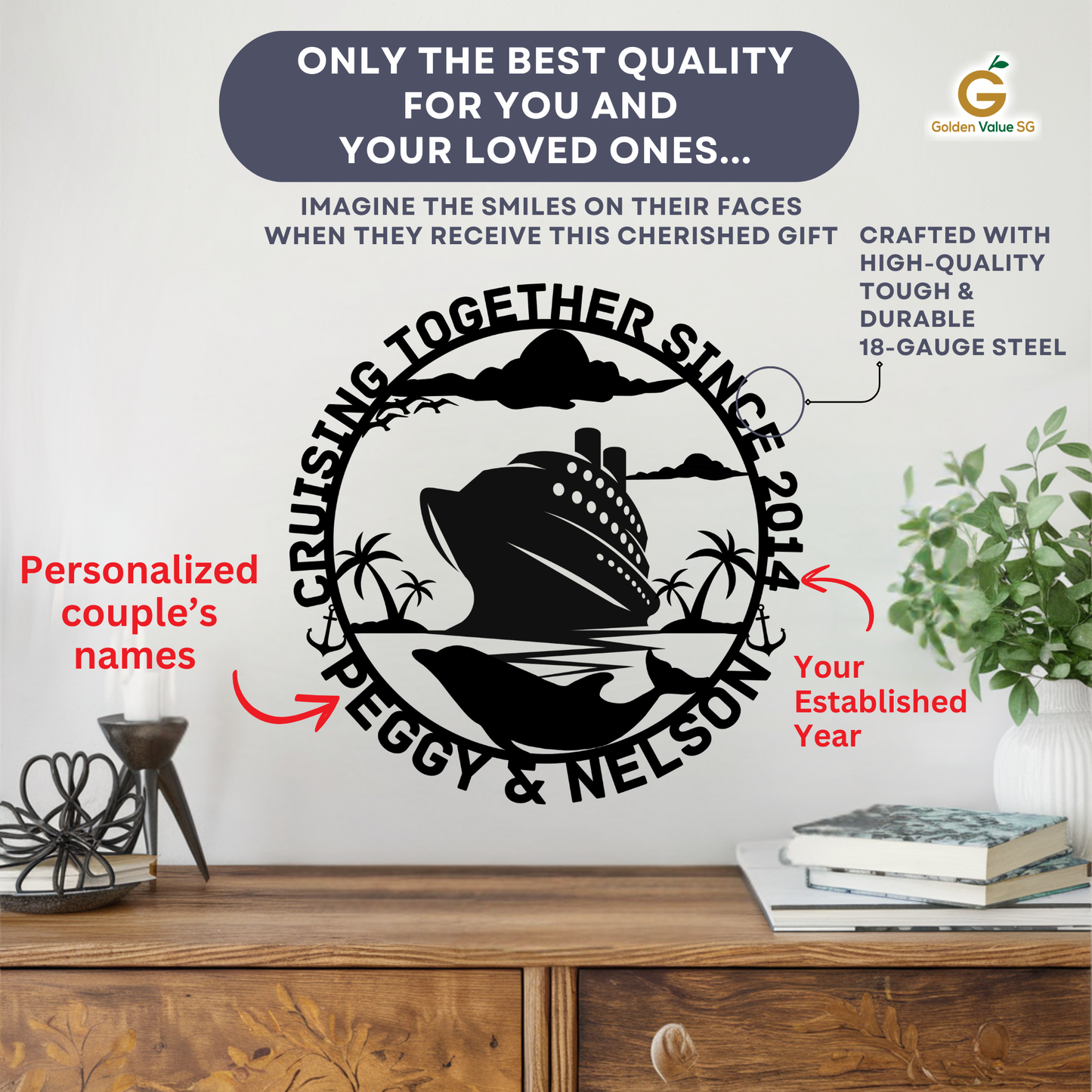 The Personalized Mountain and Whale Cruise Couples Metal Wall Art showcases a cruise ship with mountain and whale design, custom names, and year—an ideal, lasting metal wall decor for couples to display on shelves or walls.