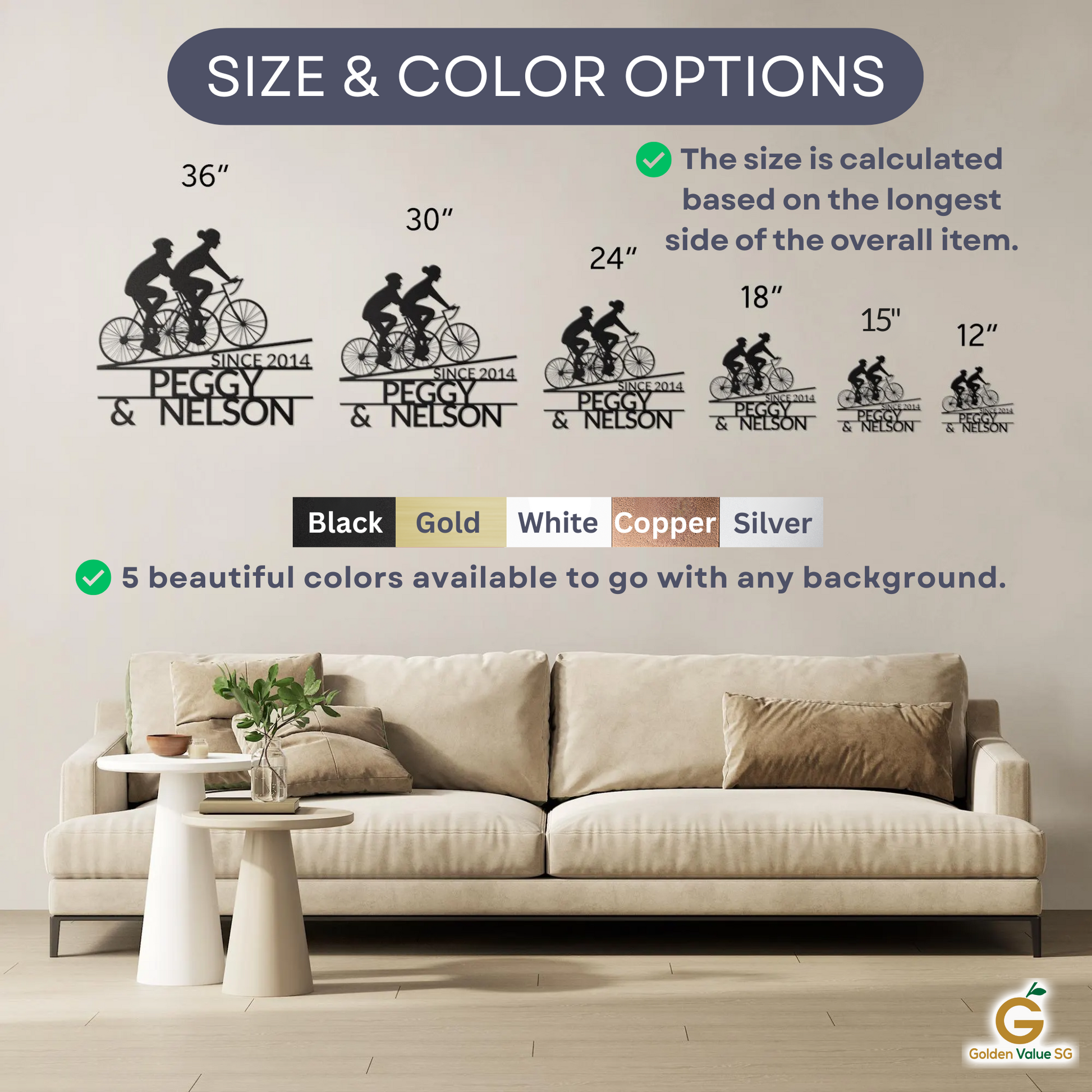 A size and color guide above a beige sofa displays six size options for the Custom Cyclist Couple Metal Sign labeled "PEggy & Nelson," plus five available colors. Plants and decor are arranged on nearby side tables.