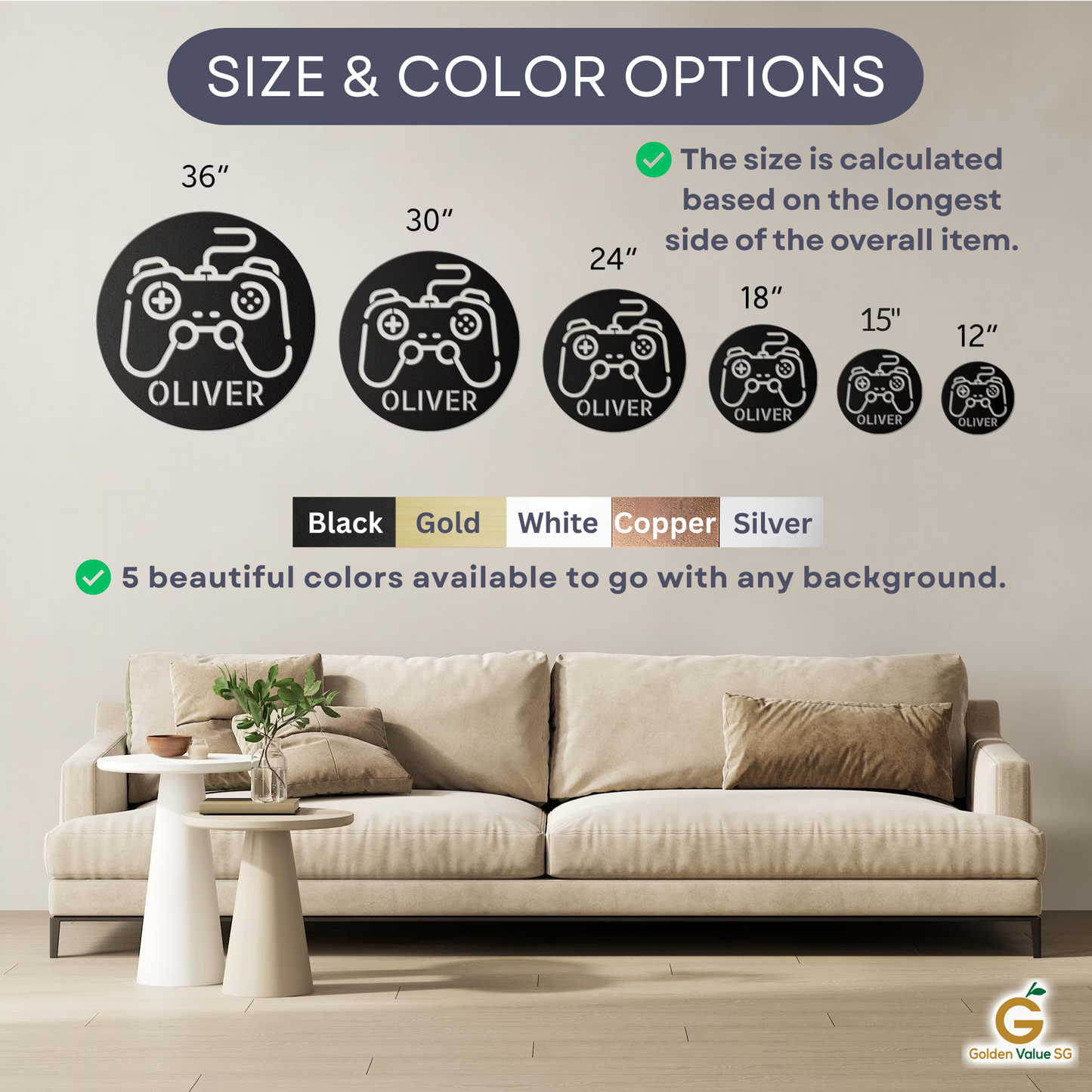 Personalized Gamer Controller Metal Signs displayed in five sizes above a sofa, each with "OLIVER." Available in black, gold, white, copper, or silver—perfect custom décor for any game room.