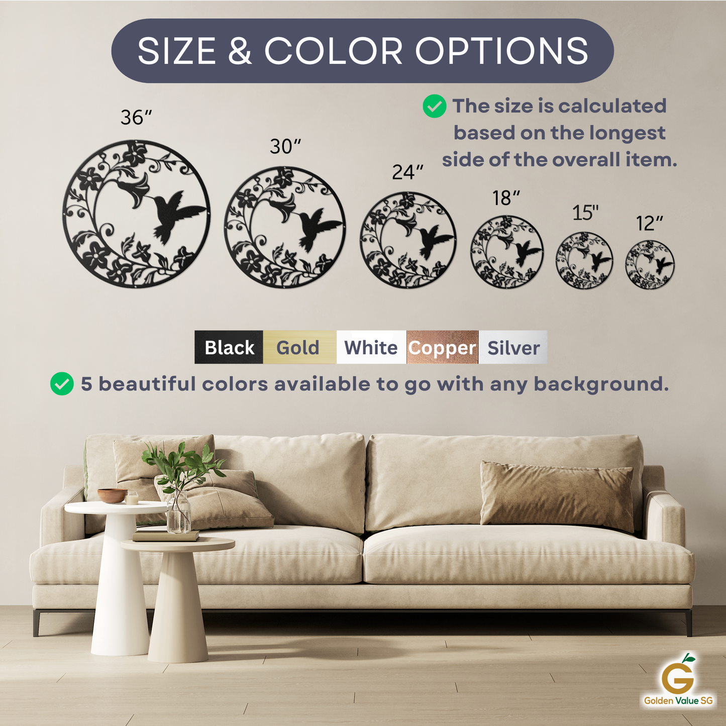 A living room with a beige sofa and the Hummingbird Morning Glory Metal Wall Art above it. Available in six sizes (12"-36") and five colors (black, gold, white, copper, silver), it's perfect for hummingbird and nature decor lovers.