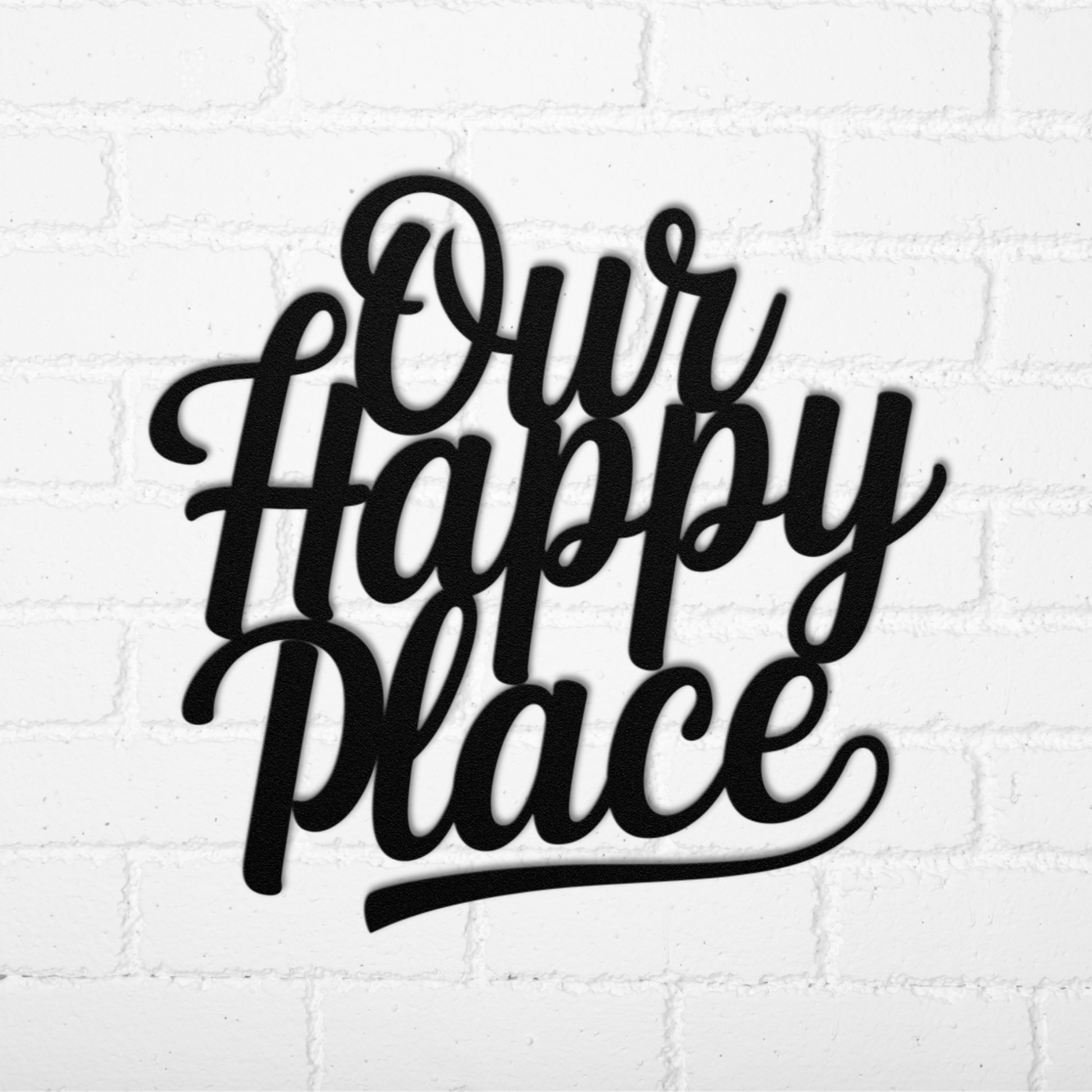 The "Our Happy Place Metal Wall Art" features black script text on a white brick wall—a stunning customizable piece from MEM Design Studio.