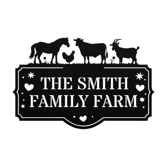 A decorative black Custom Metal Farm Sign With Farm Animals by Golden Value SG, featuring silhouettes of a horse, chicken, cow, and goat above the text "The Smith Family Farm".