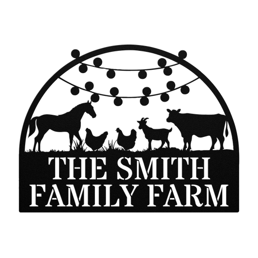 Golden Value SG's Custom Metal Farm Sign features silhouettes of a horse, chickens, goat, pig, and cow with "The Smith Family Farm" text above string lights.