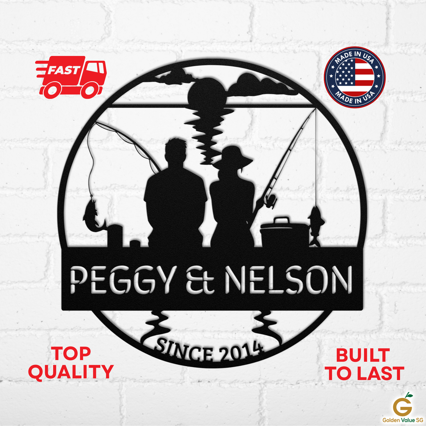 Custom Fishing Couple Metal Sign personalized with your names and "Since [Year]". Perfect gift for fishing lovers or anniversaries, this quality metal art is made in the USA and built to last, featuring a fishing couple design.