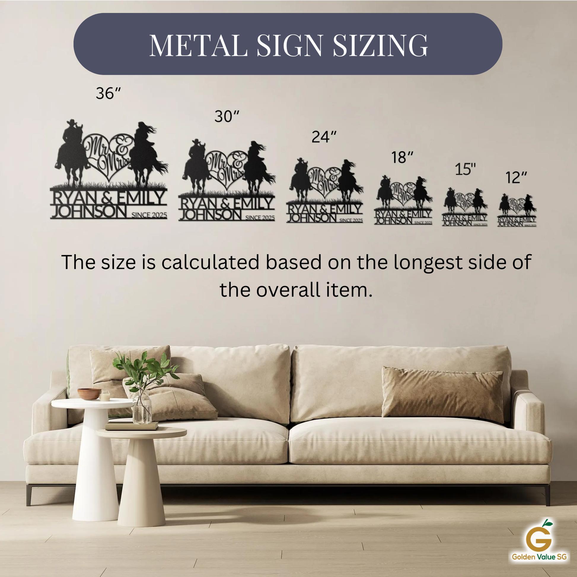 A living room with a beige sofa and plants displays six customizable “Personalized Mr & Mrs Horse Riding Metal Signs” by MEM Design Studio above, crafted from powder-coated steel and ranging from 36" to 12" wide.