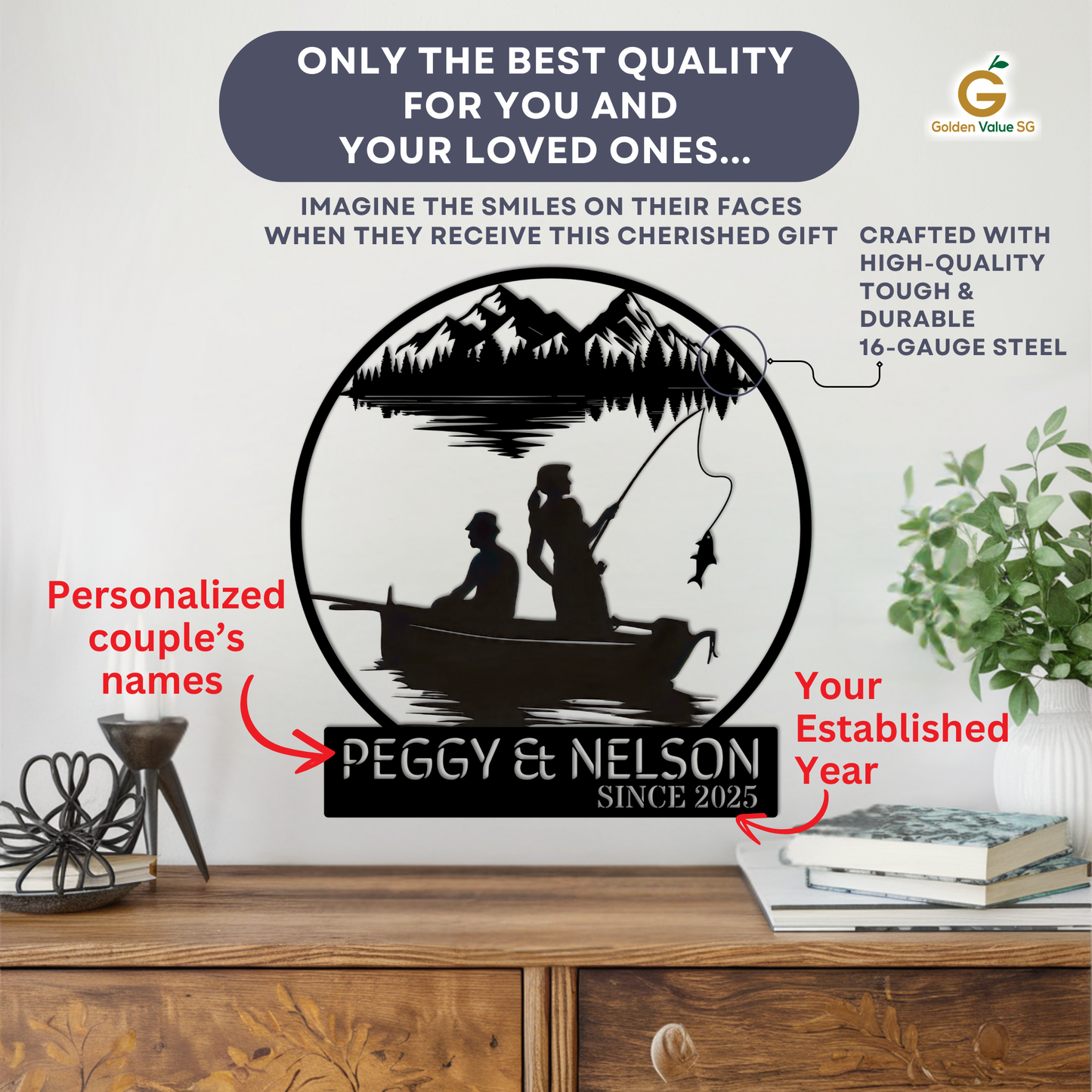 The Custom Fishing Couple Metal Sign features a couple fishing in a boat with mountains and trees, personalized with names and year. Made from durable 16-gauge steel, it’s perfect as a unique gift or striking metal wall decor.