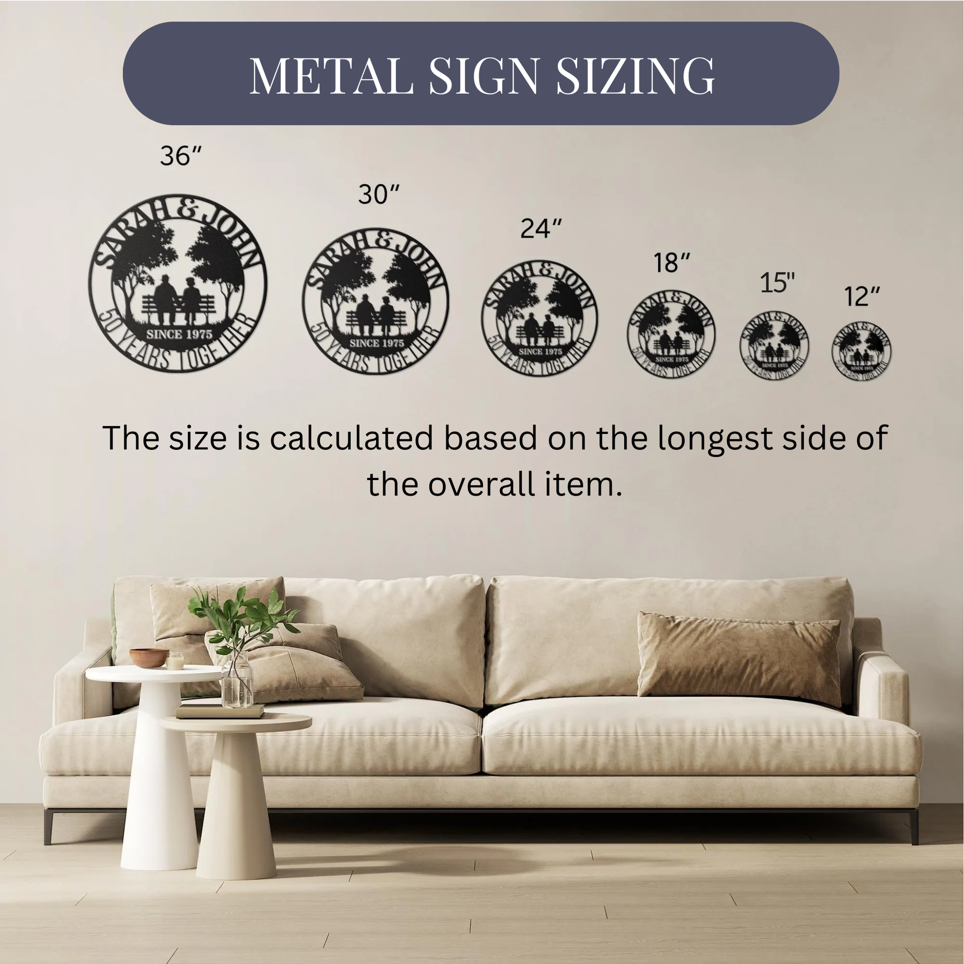 A beige sofa with cushions sits against a light wall featuring six Personalized 50th Wedding Anniversary Metal Wall Art signs by MEM Design Studio, sized 12–36 inches, with text noting size is measured by the item’s longest side.