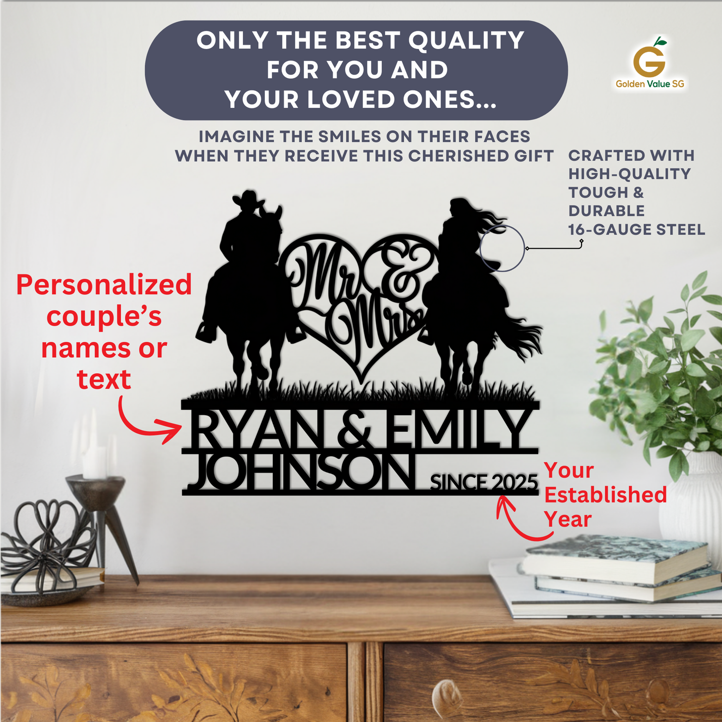 The Personalized Mr & Mrs Horse Riding Metal Sign by MEM Design Studio features two horseback riders, a heart with "Mr & Mrs," and your custom names and year, crafted from powder-coated steel and perfect for mantle display.
