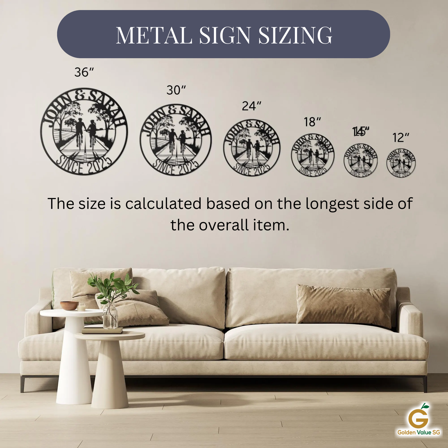 A beige sofa with pillows sits below six Personalized Cyclist Couple Metal Wall Art signs by MEM Design Studio, labeled 36", 30", 24", 18", 15", and 12". Sizes refer to the artwork’s longest side, as explained in the text.