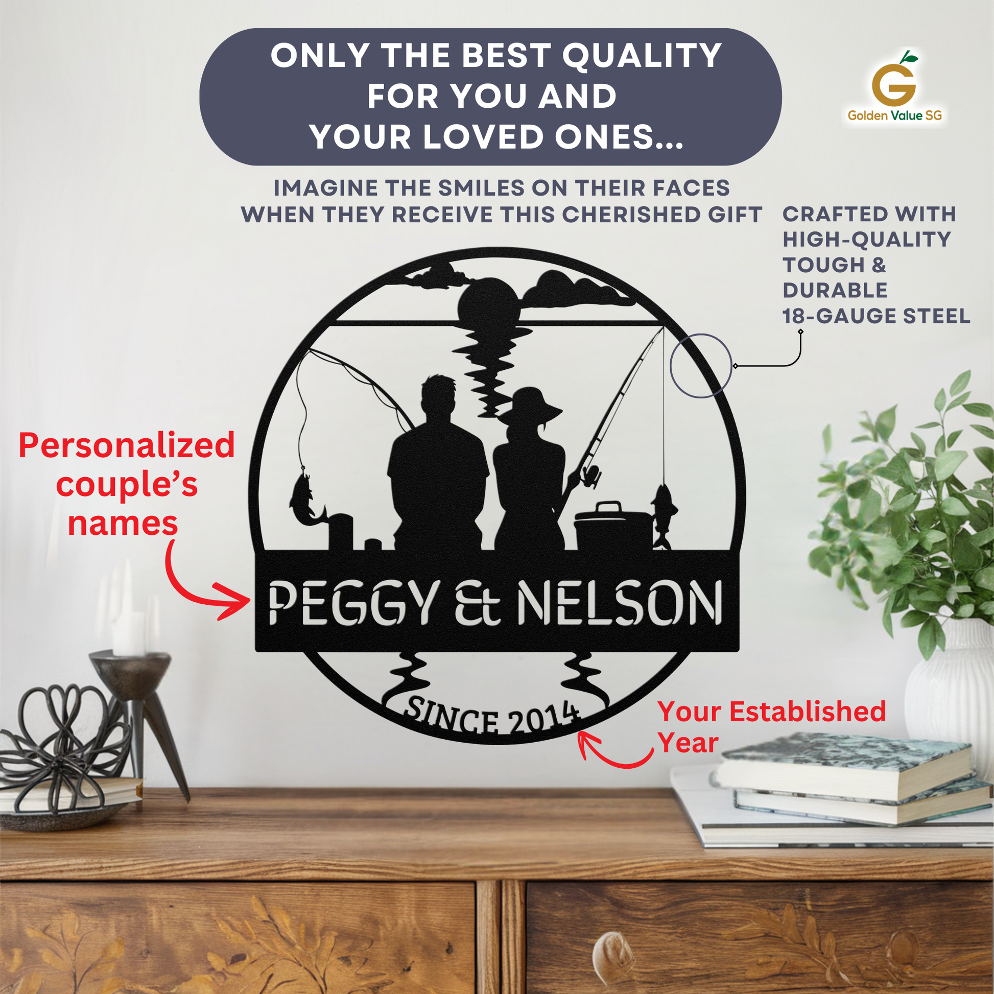 The Custom Fishing Couple Metal Sign is a personalized metal art piece featuring two people fishing with custom names and year—an ideal fisherman gift or unique wedding anniversary decor for fishing lovers.