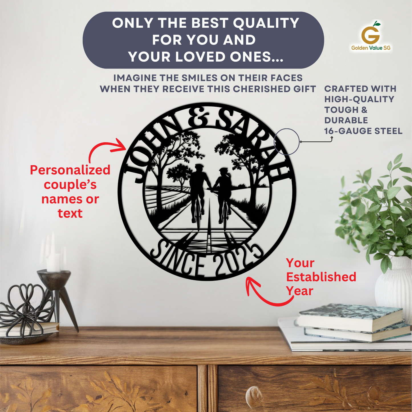 The Personalized Cyclist Couple Metal Wall Art from MEM Design Studio features two cyclists, trees, and customizable text for names and year, offering unique and quality decor perfect for couples. Display it on a shelf with plants or books.