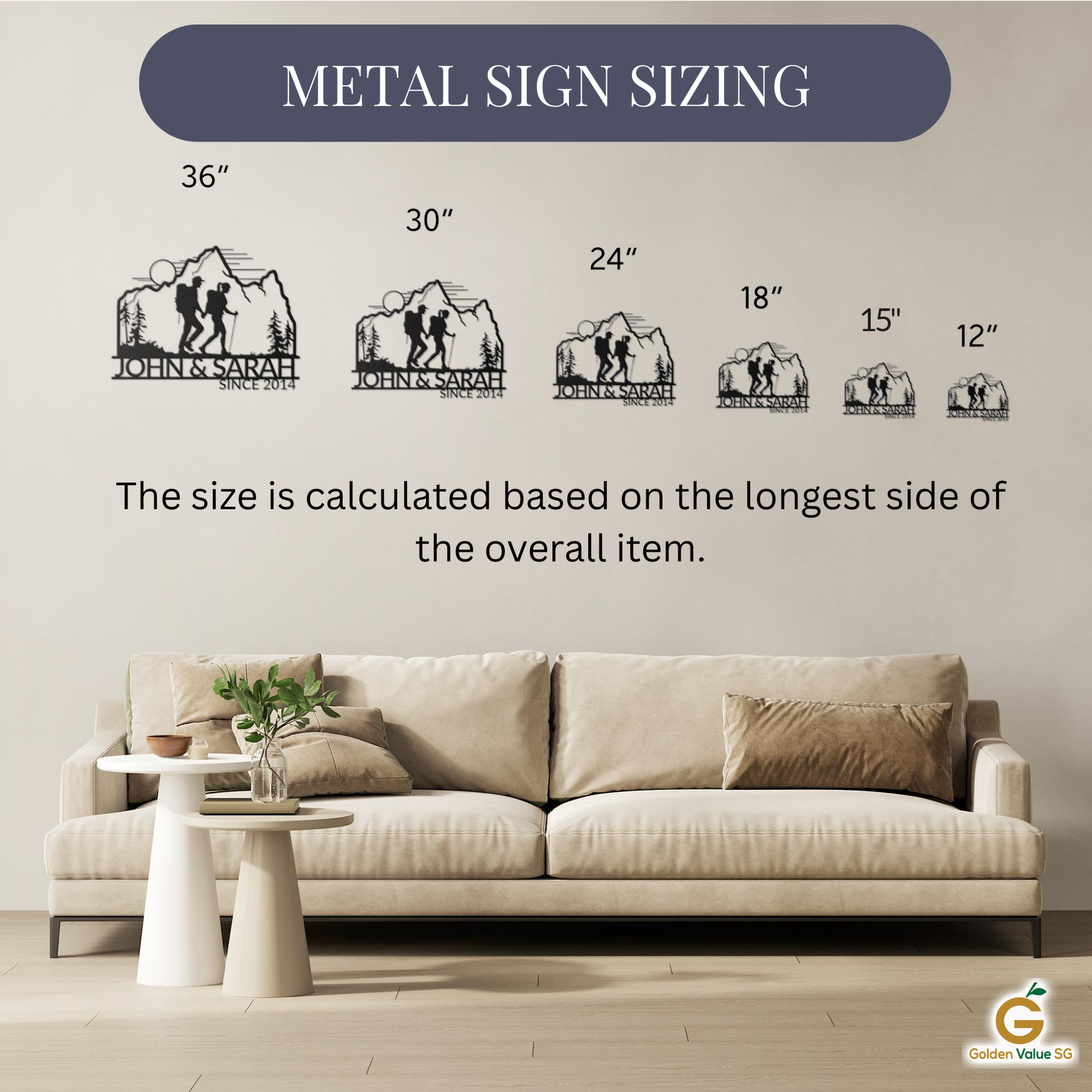 A beige couch and small table highlight the Personalized Hiking Couple Metal Wall Art—custom metal signs in 36", 30", 24", 18", 15", and 12" sizes. The longest side of each piece matches the selected size.