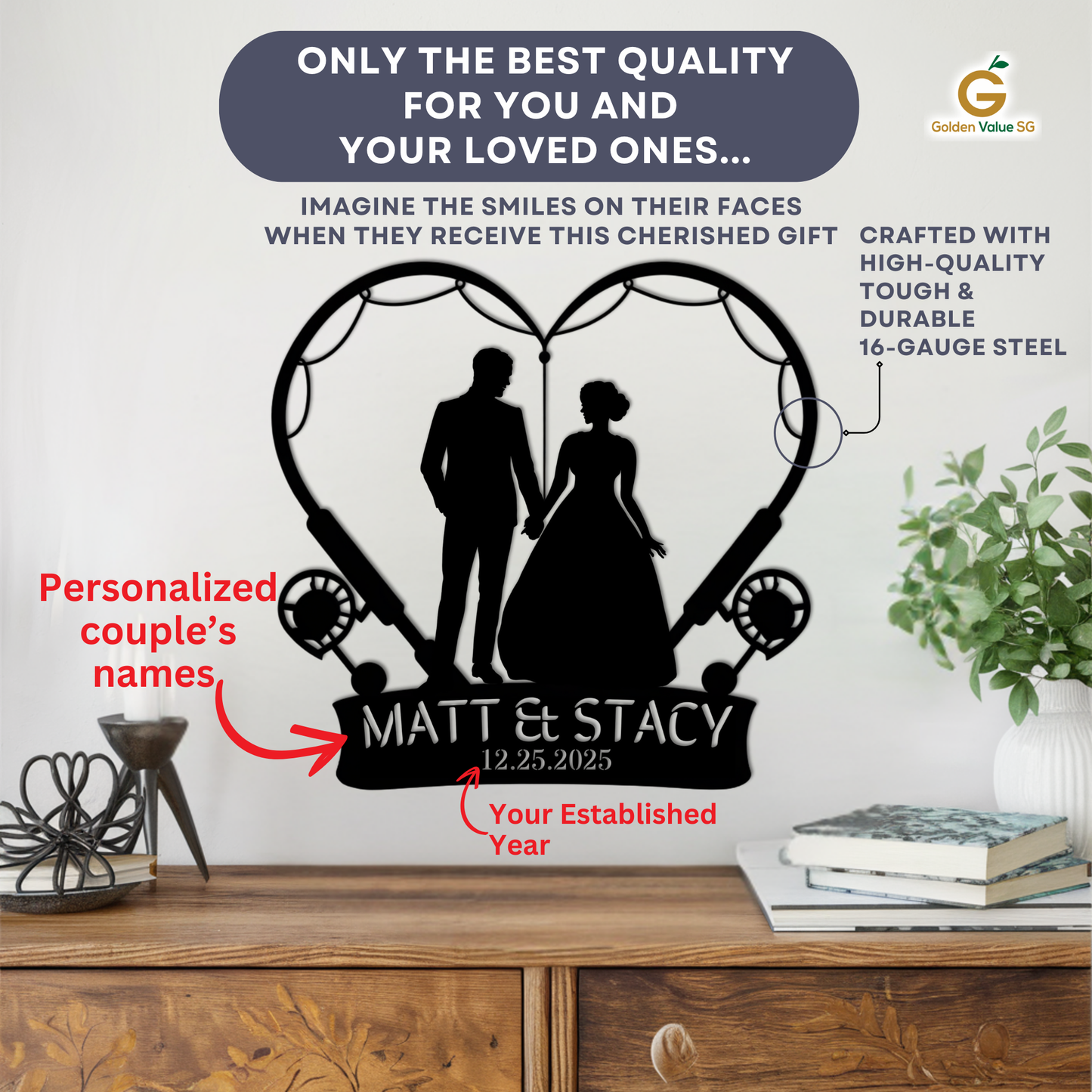 A wooden console table displays the Custom Fishing Couple Wedding Metal Sign, featuring a silhouetted couple in a heart with "Matt & Stacy" and "12.25.2025" for personalized, quality metal wall decor.