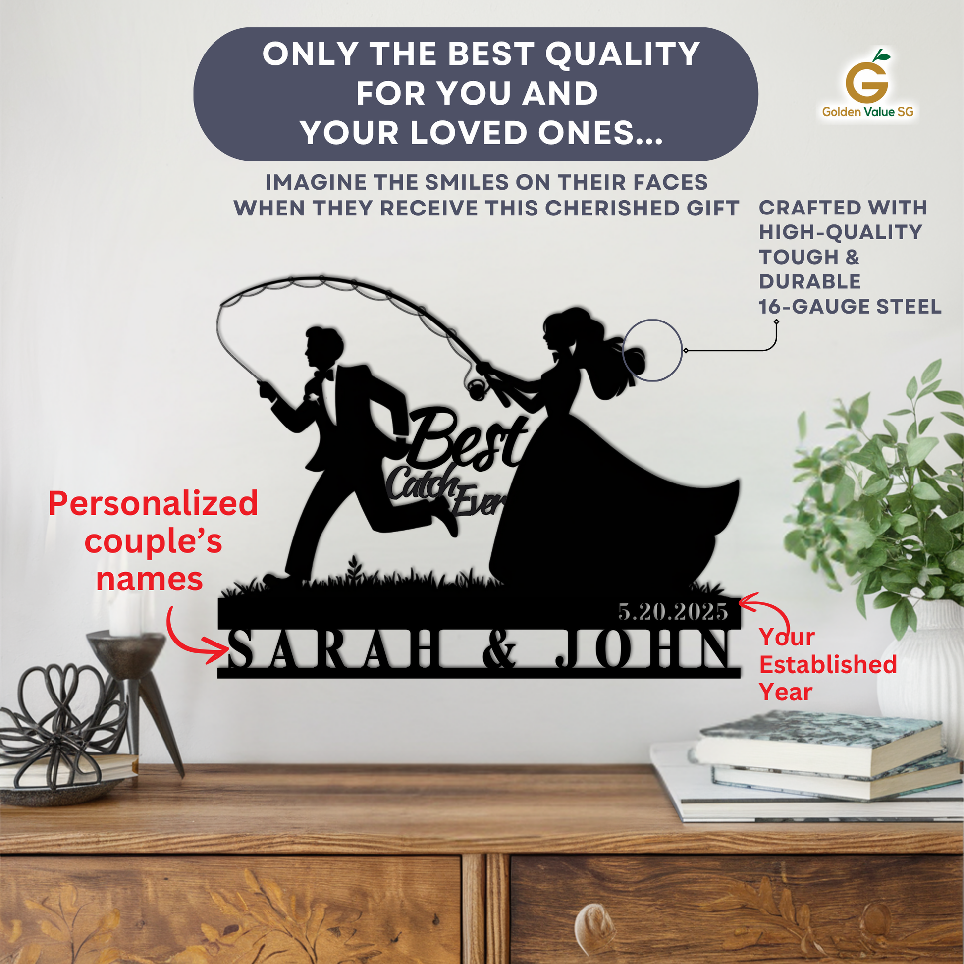 The Custom Fishing Couple Wedding Metal Wall Art features a suited man and woman in a dress with "Best Catch Ever," custom names "SARAH & JOHN," and "5.20.2025"—a striking decor piece for your wall.