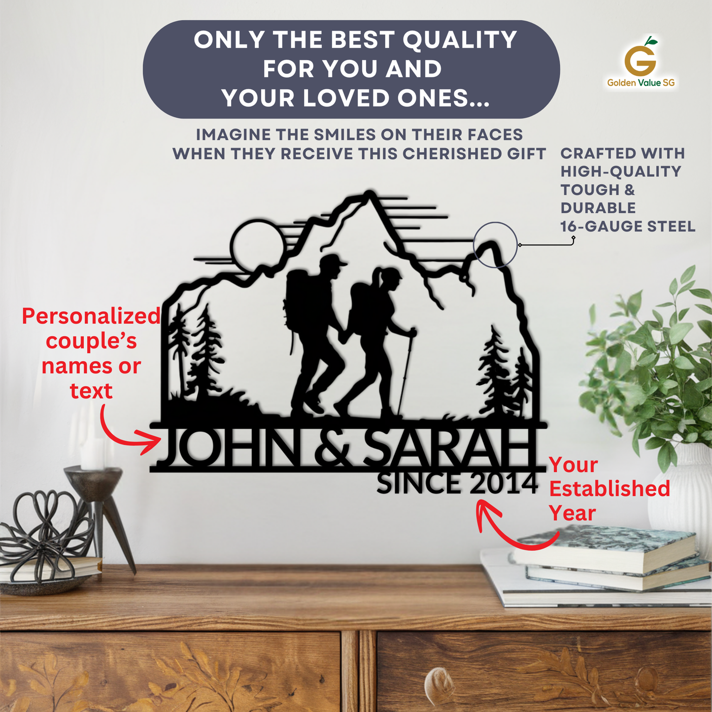 The Personalized Hiking Couple Metal Wall Art showcases two hikers and a mountain, custom engraved with the couple’s names and year. Crafted from high-quality steel, it’s ideal for shelf display alongside plants or lamps.