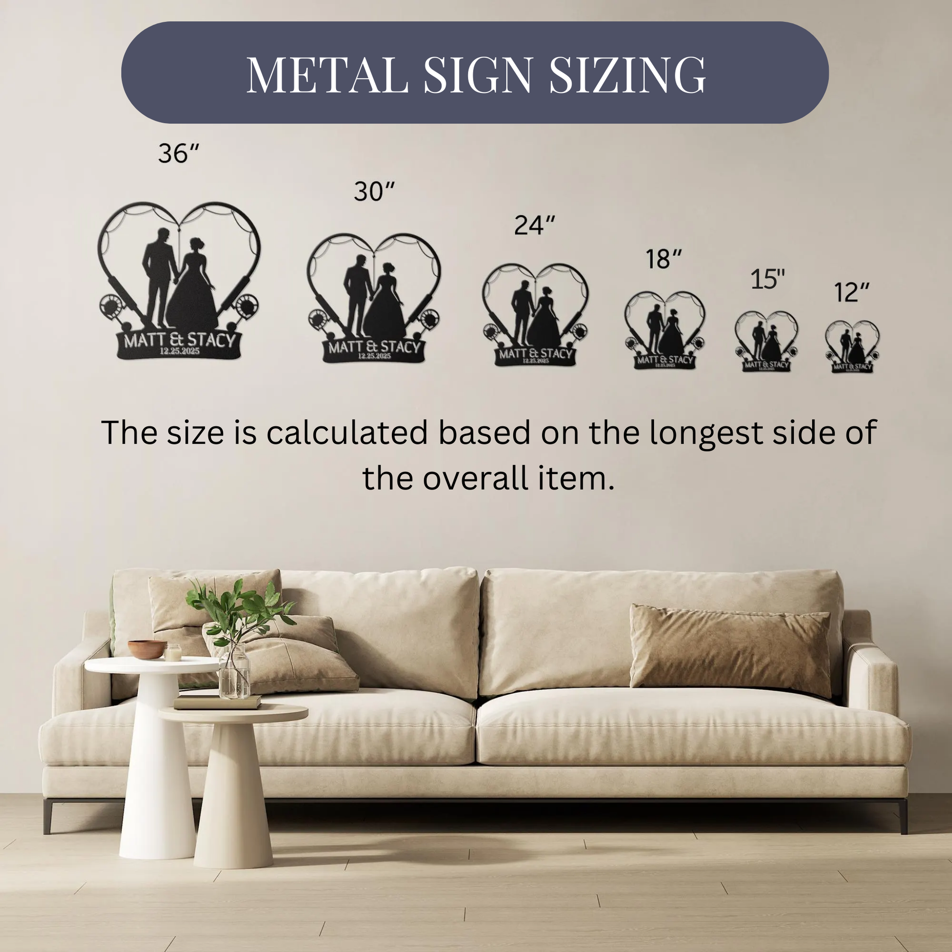 A beige couch with a coffee table sits beneath five sizes of Custom Fishing Couple Wedding Metal Signs—personalized metal art featuring a couple and “Matt & Stacy” in each heart. Sizing is based on the longest side for this unique wall decor.
