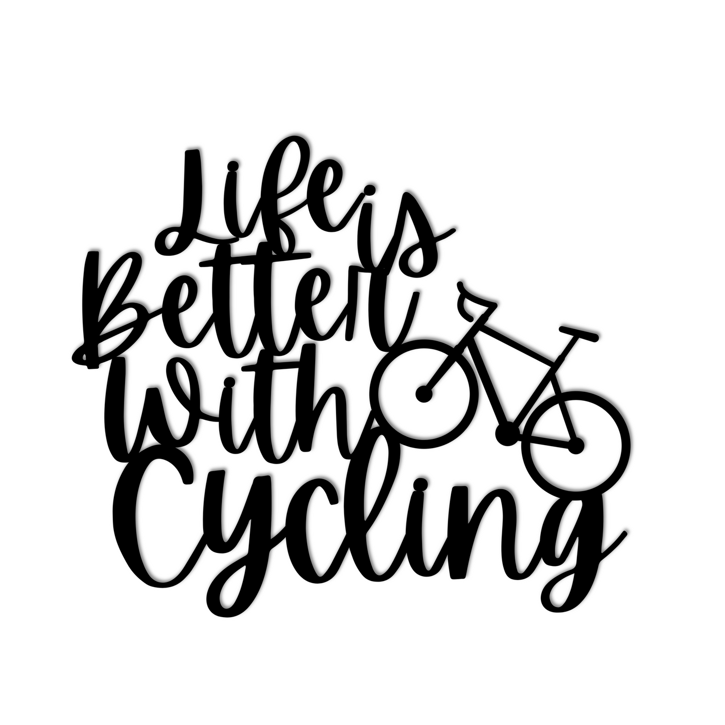 A brick wall with a wooden door, a potted plant, a black outdoor light, and the "Life is Better with Cycling Metal Sign - Road Bike Edition," reading "Life's Better with Cycling" alongside a bicycle graphic, perfect for stylish home decor.