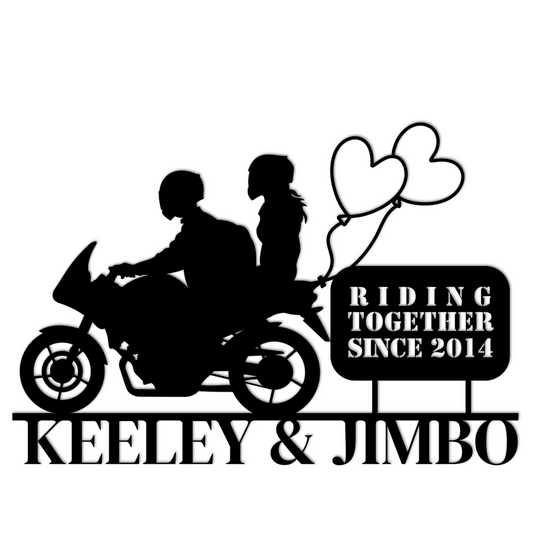 Golden Value SG's Custom Motorcycle Couple Metallic Wall Art Laser Cut Metal Sign reads "riding together since 2014"- a perfect biker wedding gift.