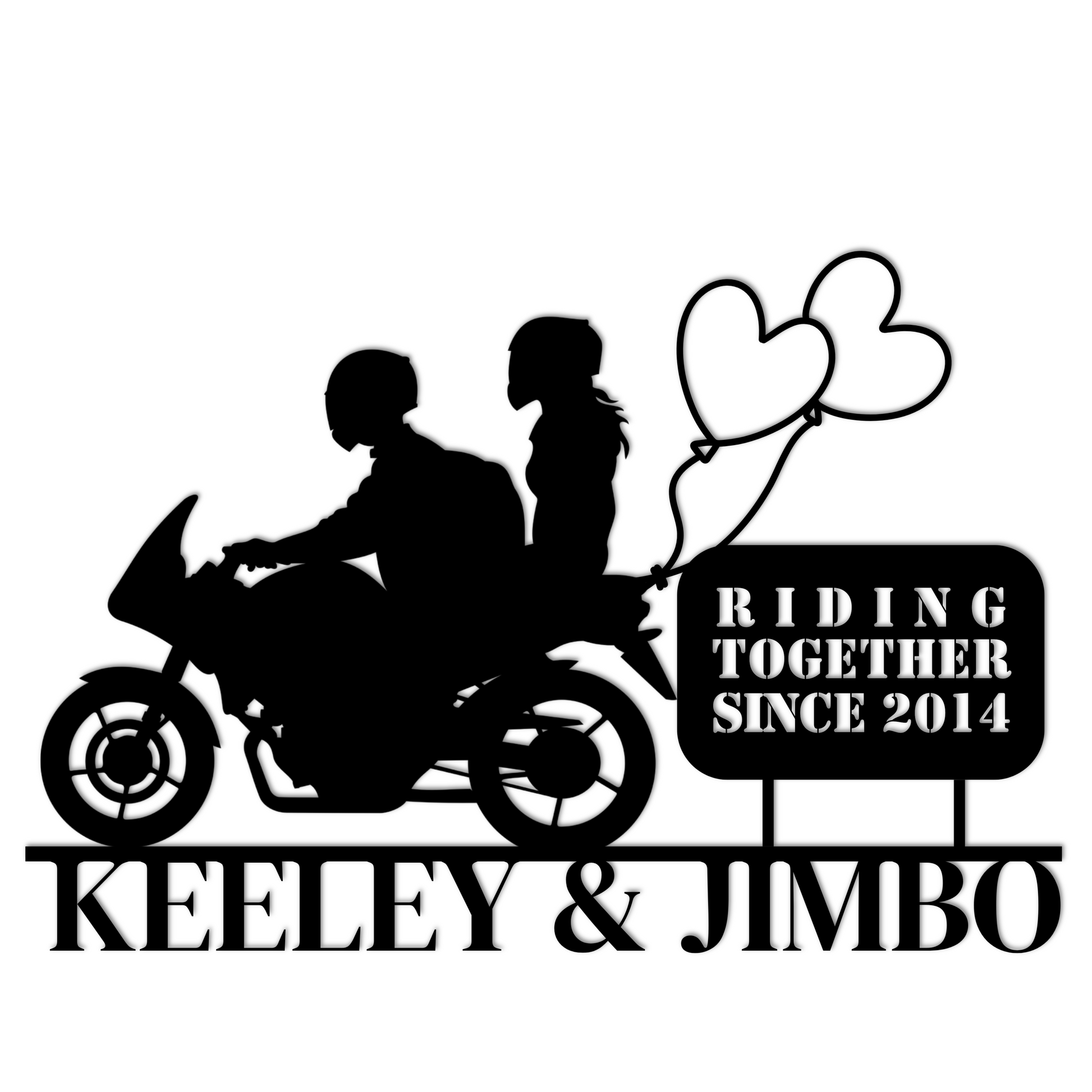 Golden Value SG's Custom Motorcycle Couple Metallic Wall Art Laser Cut Metal Sign reads "riding together since 2014"- a perfect biker wedding gift.