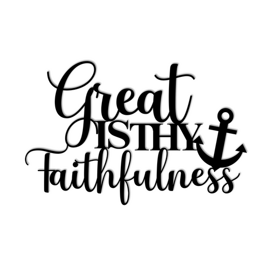 A wooden door with a stained-glass window is set in a brick wall next to an outdoor light fixture. A potted plant with white flowers sits on the floor. The wall features the stylish "Great Is Thy Faithfulness Christian Metal Art" sign.