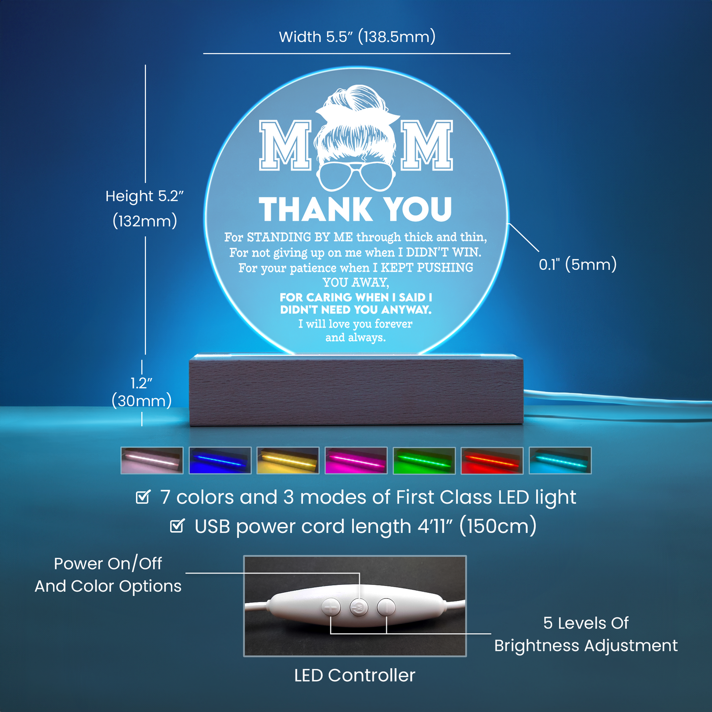 A glowing purple circular LED lamp with the inscription "mom thank you" and a heartfelt message of appreciation, displayed on the To Mom, Standing By Me - Acrylic Circle Plaque set on a wooden base.